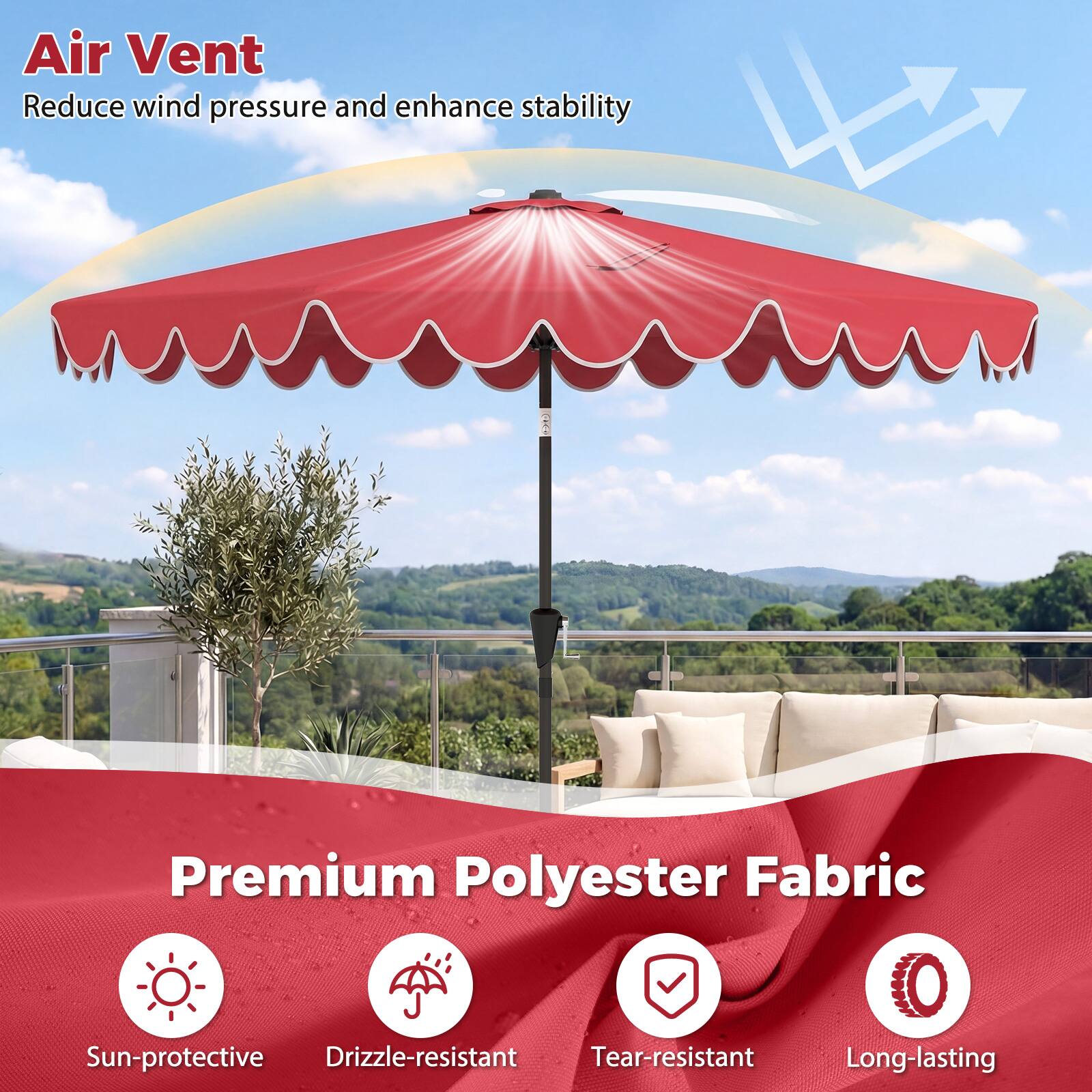 Air Vent  
Reduce wind pressure and enhance stability  

Premium Polyester Fabric  
- Sun-protective  
- Drizzle-resistant  
- Tear-resistant  
- Long-lasting