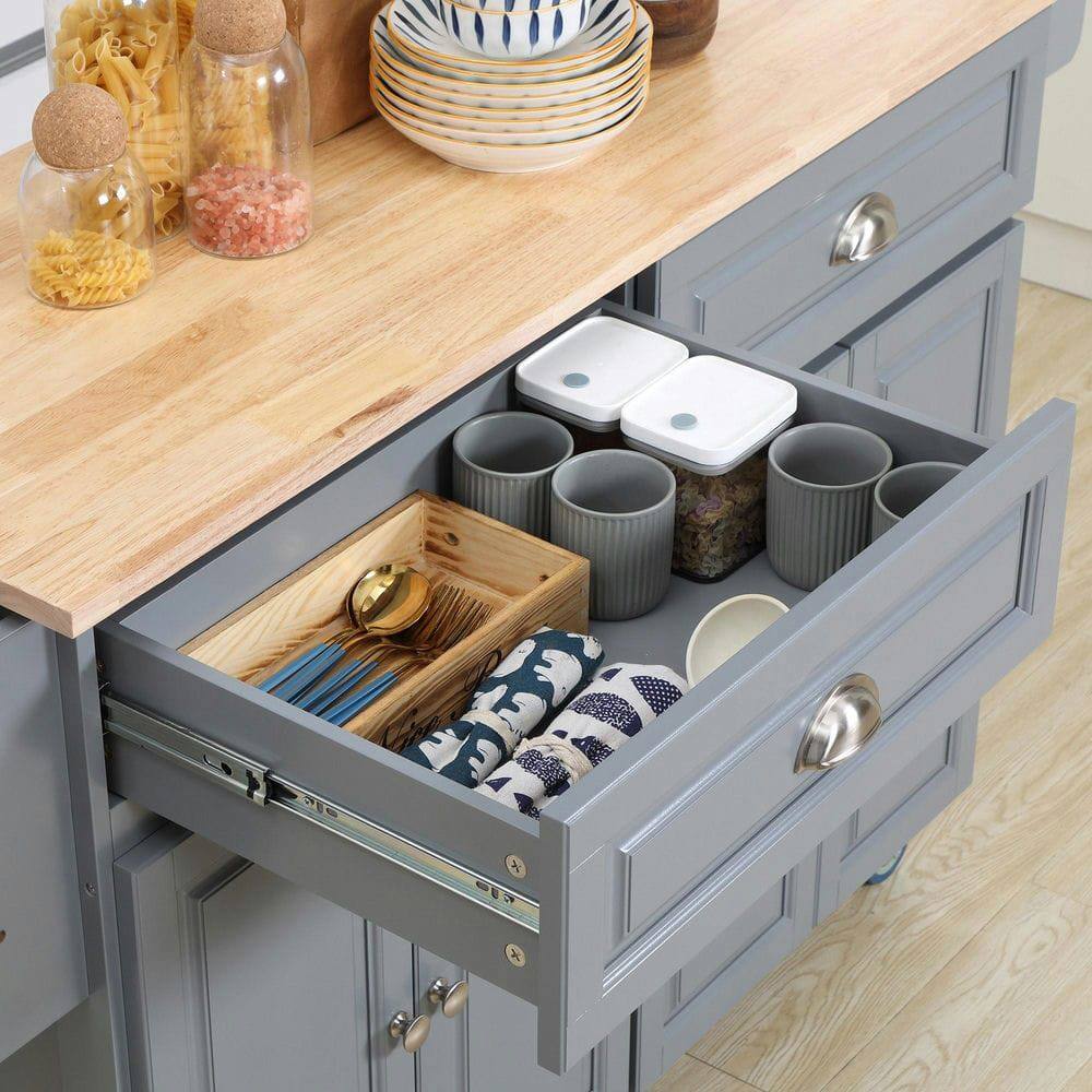 Left. Kadyn - Rolling Kitchen Island with Drop-Leaf & 2 Storage Cabinets, Dark Gray - Gray.