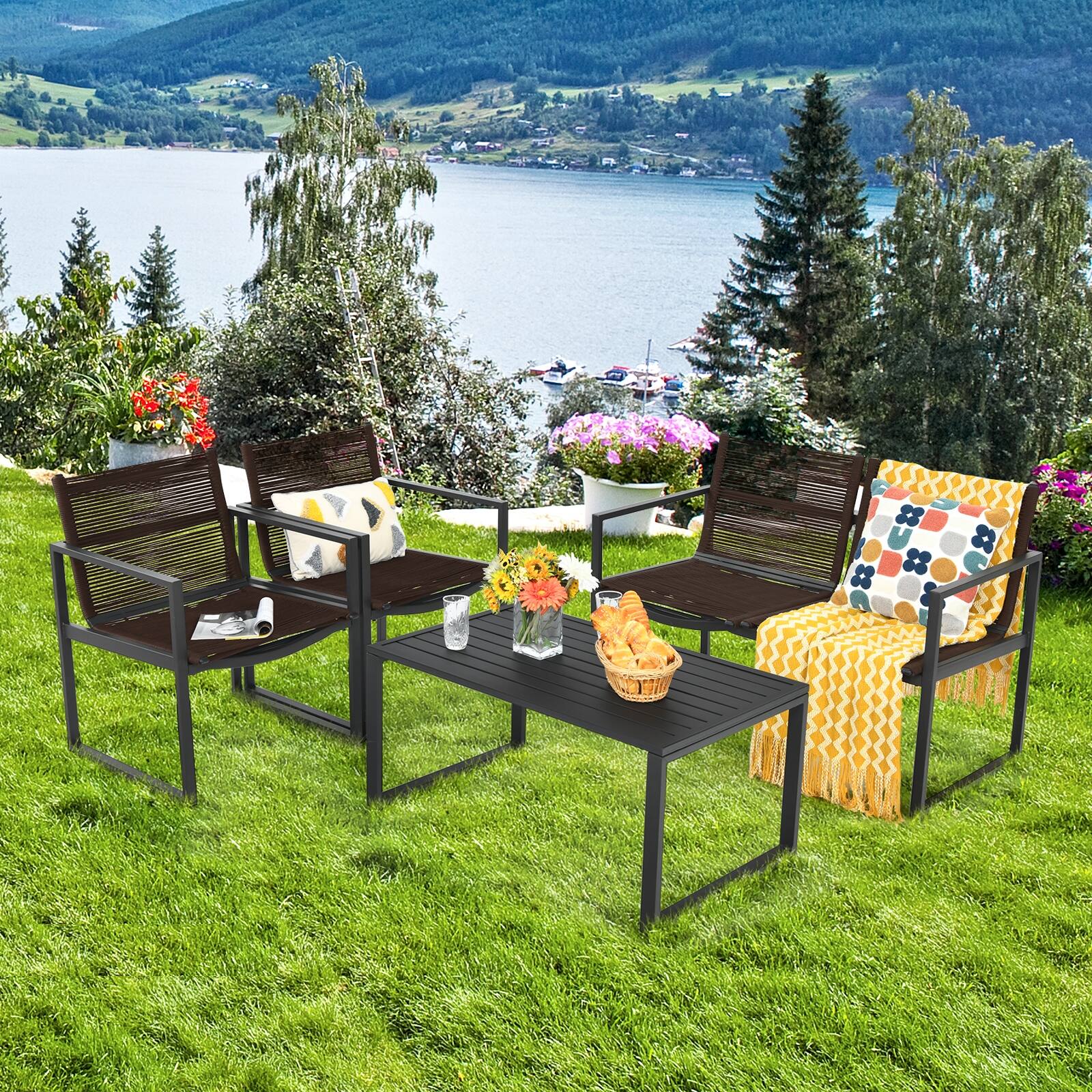 Angle. SlickBlue - 4 Pieces Patio Conversation Set with Sofa and Loveseat, Outdoor Seating Furniture - Black, Brown.