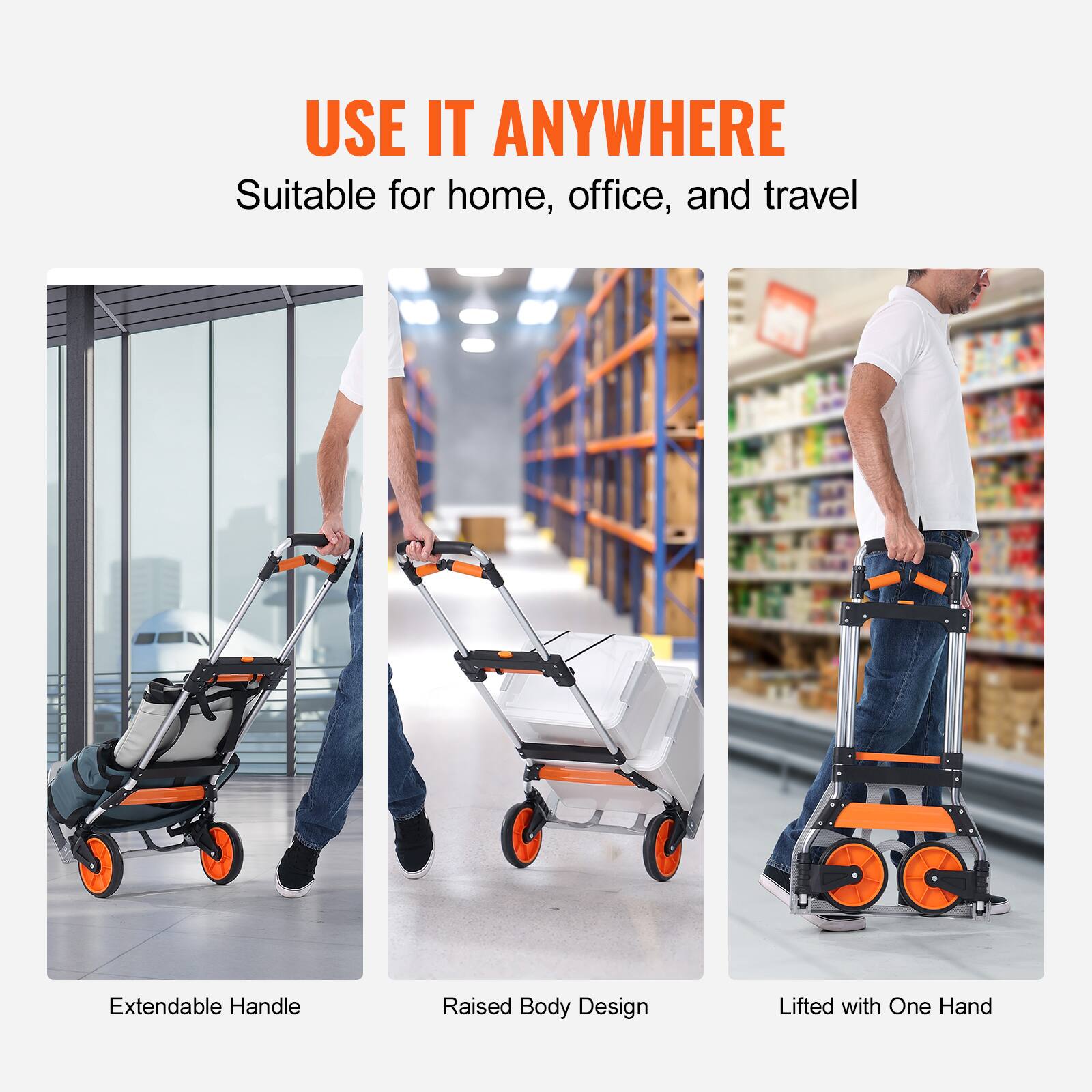 USE IT ANYWHERE  
Suitable for home, office, and travel  

Extendable Handle  
Raised Body Design  
Lifted with One Hand