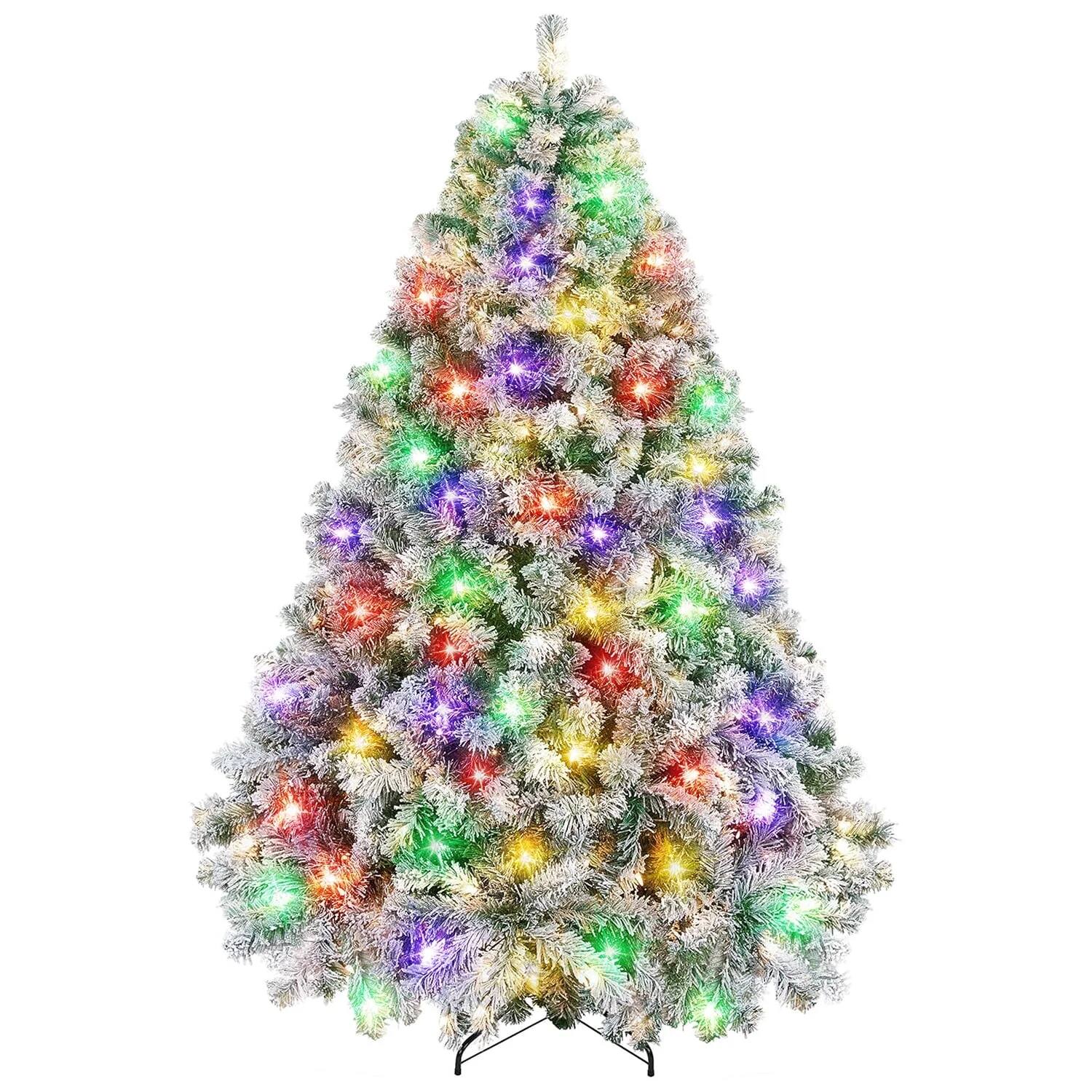 Angle. MOVSSOU - Christmas Tree 550 Multicolored Lights Snow Flocked Pine Tree 9 Light Lighting Modes Party Decoration - white.
