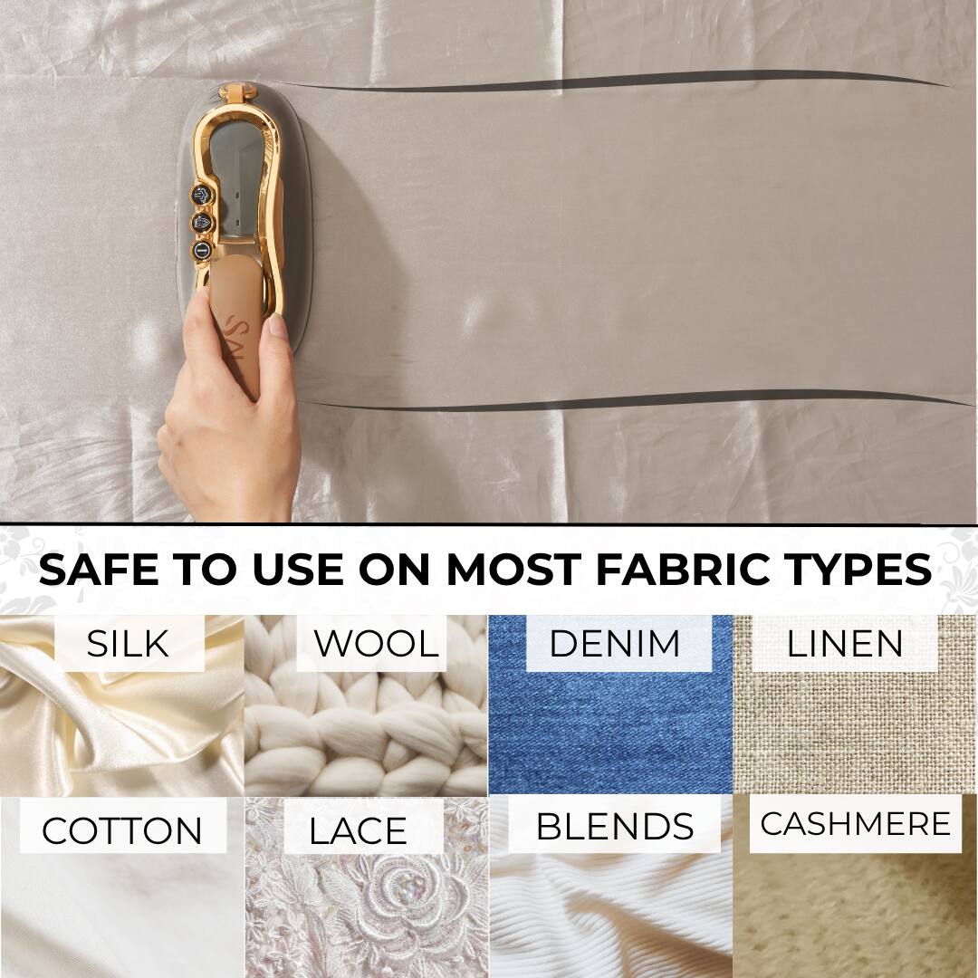 The text in the image can be grouped and corrected as follows:

"SAFE TO USE ON MOST FABRIC TYPES: SILK, WOOL, DENIM, LINEN, COTTON, LACE, BLENDS, CASHMERE."