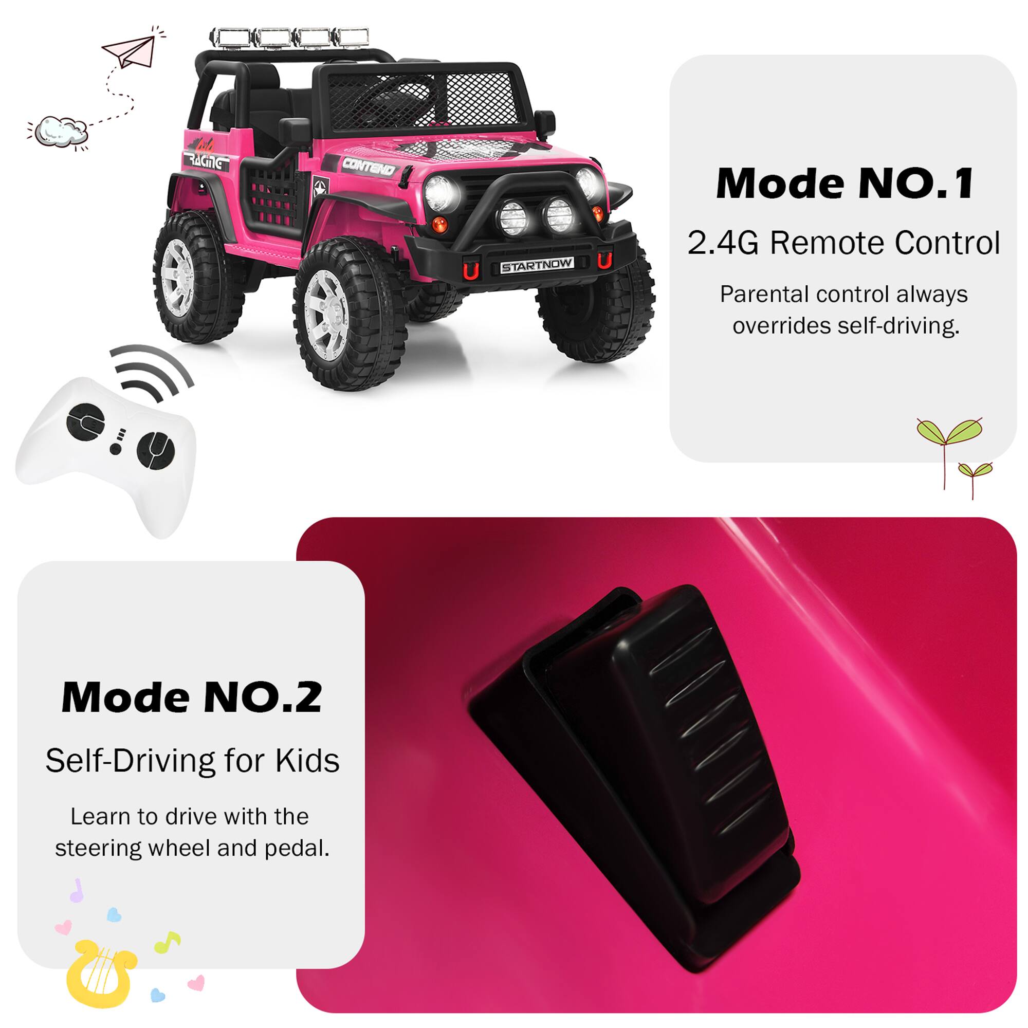 Mode NO.1  
2.4G Remote Control  
Parental control always overrides self-driving.

Mode NO.2  
Self-Driving for Kids  
Learn to drive with the steering wheel and pedal.