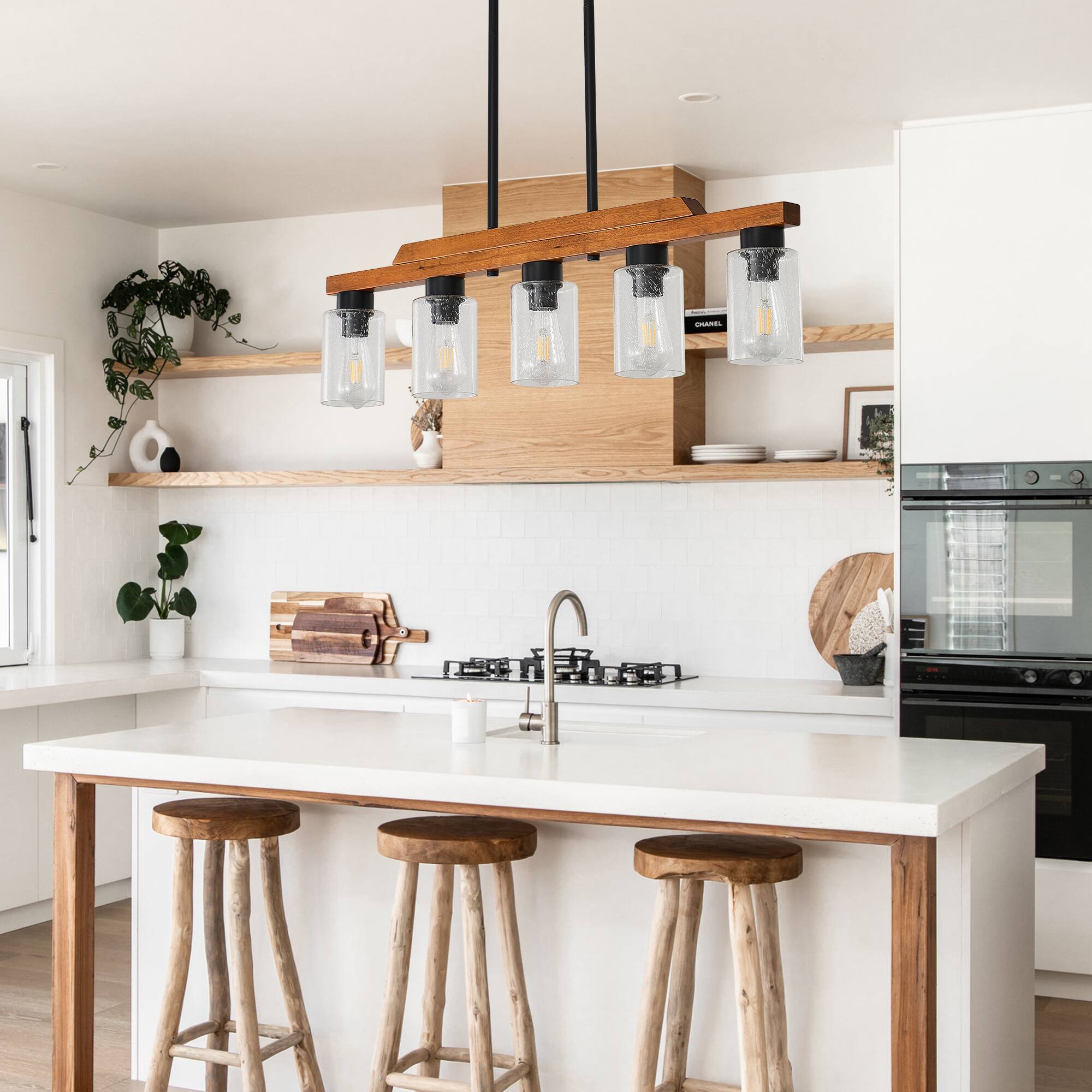 Alt View 1. RYHNUYNE - 5-Light Rustic Chandelier 35 Inch Wood Linear Pendant Light with Seed Glass Shades, Adjustable Farmhouse Island Lighting.