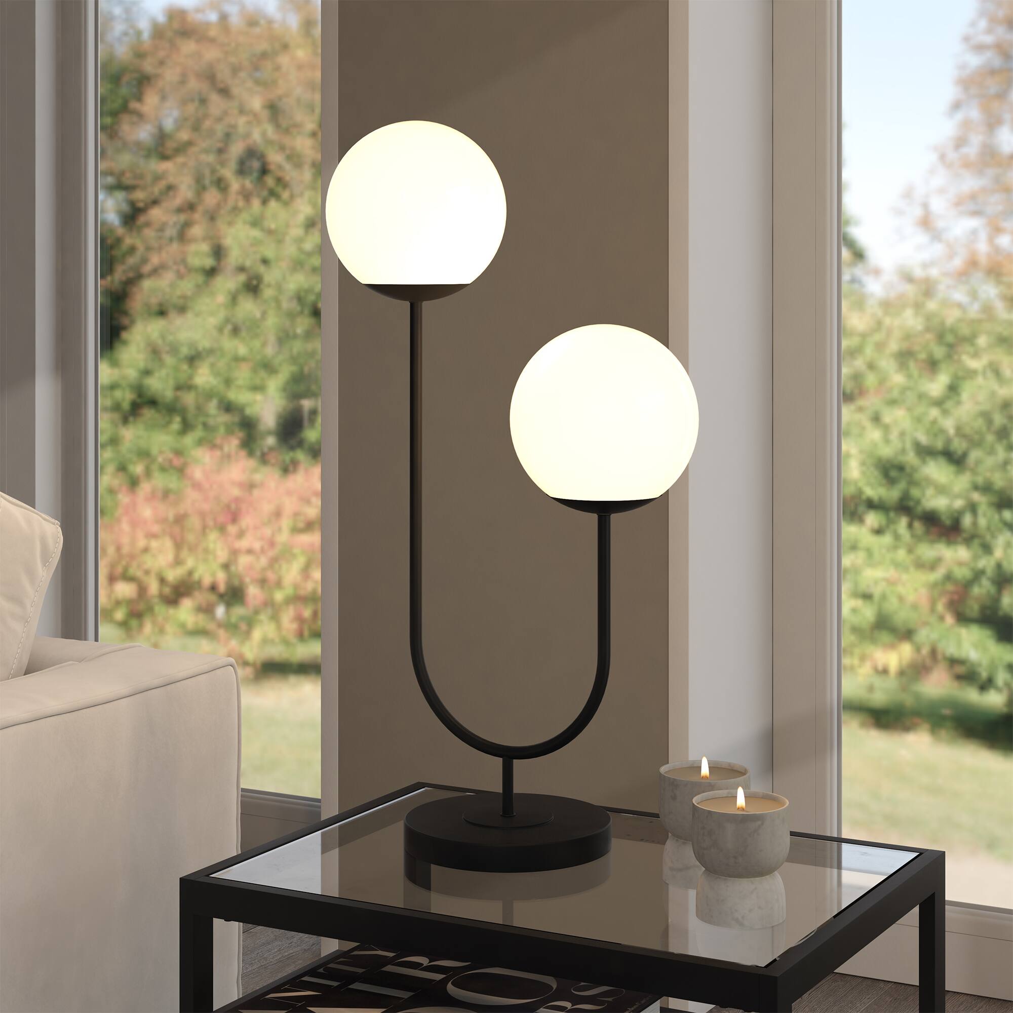 Alt View 1. Hudson&Canal - Dufrene 2-Light Table Lamp with Glass Shades in Blackened Bronze/White Milk - Blackened Bronze.