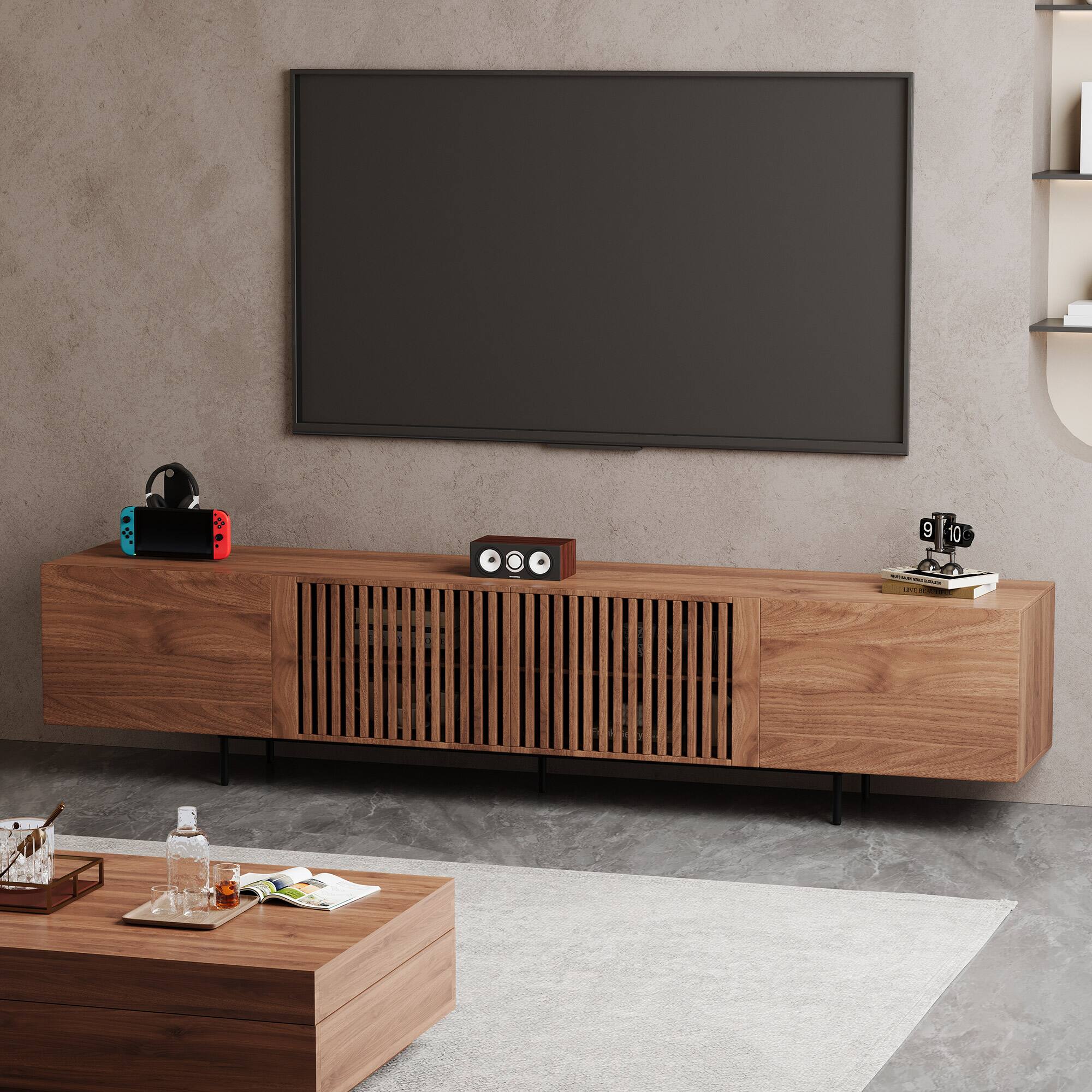 Alt View 9. luck idea - Walnut Grain TV Stand (Oversized) | Living Room Entertainment Center - Open Storage + Cable Organization - 94.48inch.