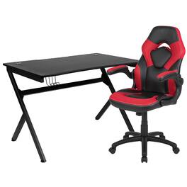 Emma + Oliver - Gaming Desk Bundle - Cup/Headphone Holders, Wire Management - Red