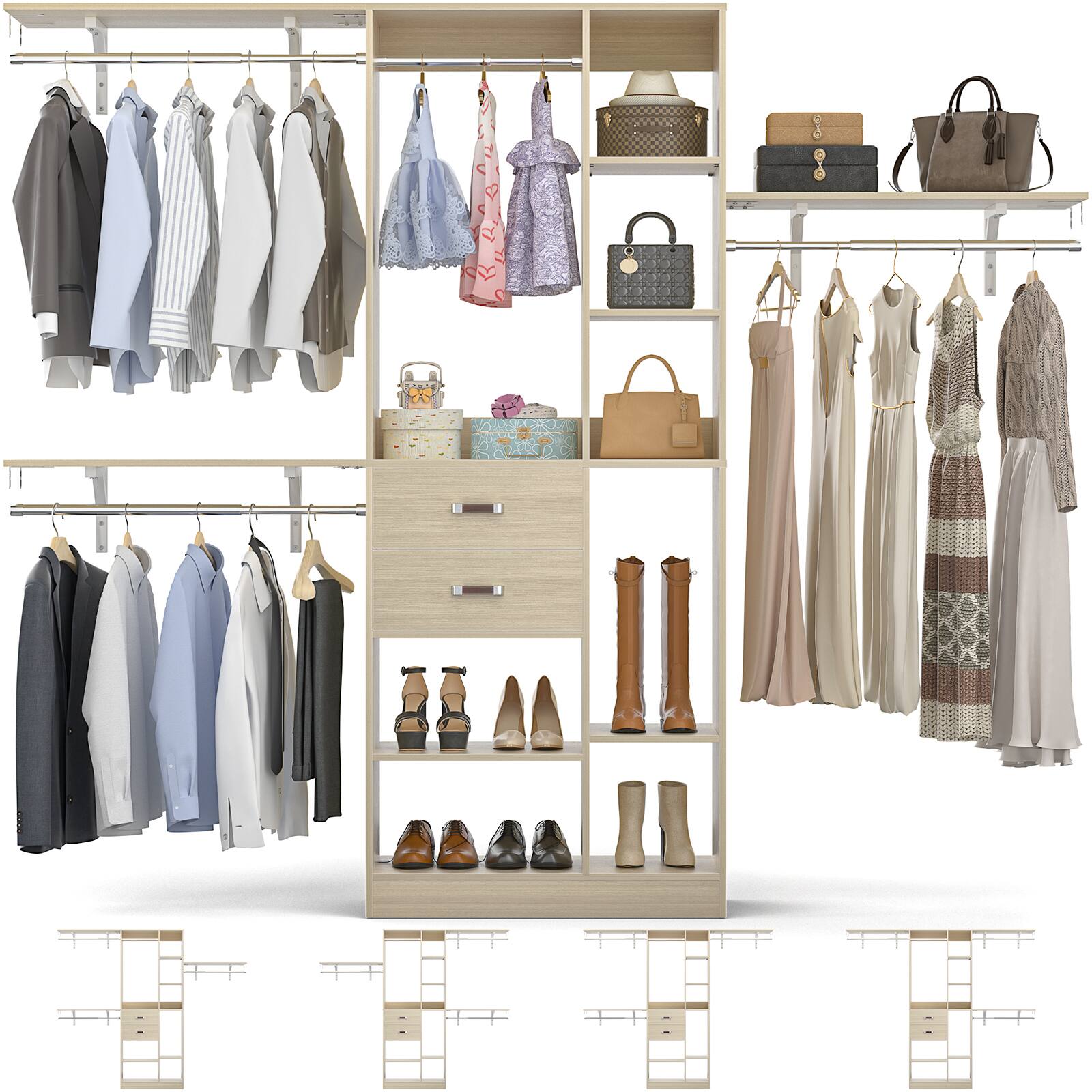 Angle. Aheaplus - Upgraded 96'' Closet System with 13 Storage Shelves, 8FT Open Wardrobe System with 2 Wooden Drawers & 4 Hanging Rods - Nature.