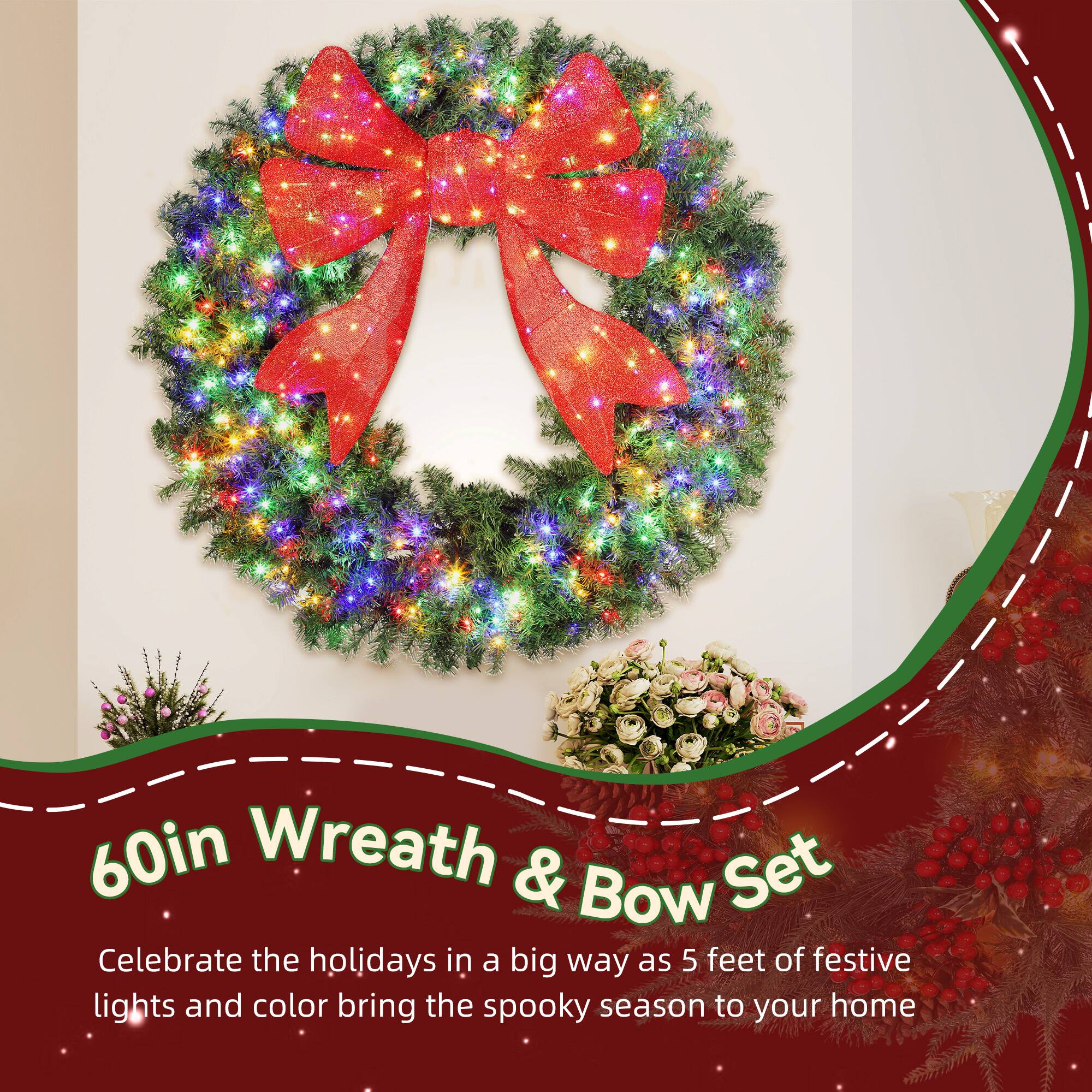 60in Wreath & Bow Set

Celebrate the holidays in a big way as 5 feet of festive lights and color bring the spooky season to your home