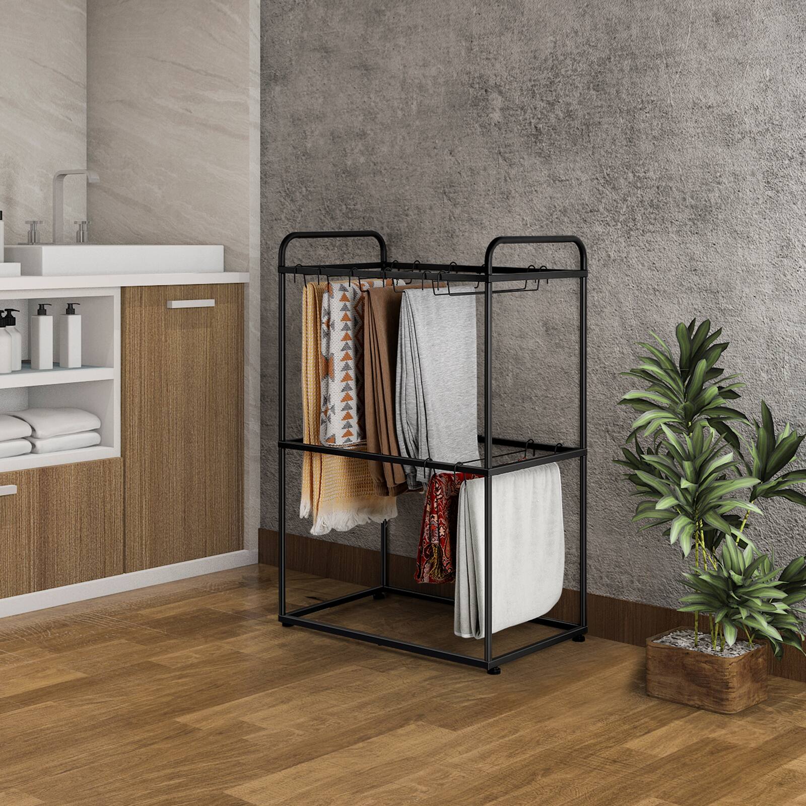 Alt View 2. Oumilen - 2-Tier Black Metal Pants & Towel Rack with 26 Hangers - Black.