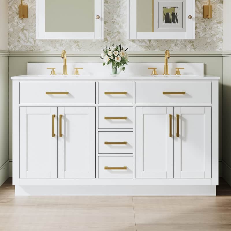 "WELLFOR - 60"" Solid Wood Bathroom Vanity with Double Sink, 4 Soft-Close Doors, 6 Drawers& Cultured Marble Countertop - White" price history on PriceWatchPro