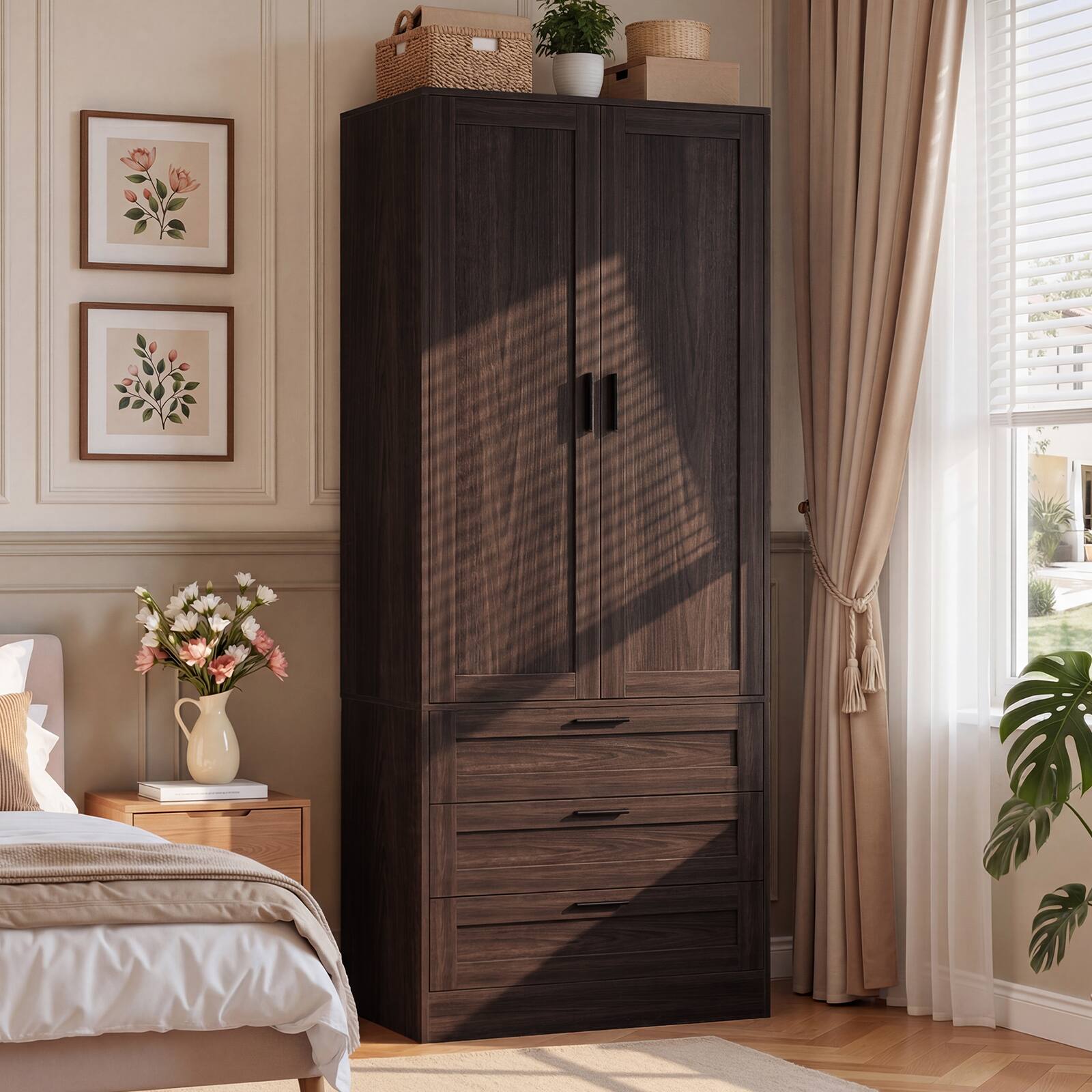 Angle. Aheaplus - 71" Tall Armoire Wardrobe with 3 Drawers, Doors, Hanging Rod, 20" Deep Storage with Soft-Close Hinges & Metal Handles - Walnut.