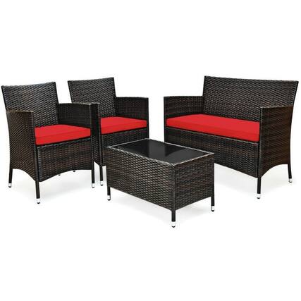 Front. Kadyn - 4 Pcs Comfortable Outdoor Rattan Sofa Set, Outdoor Furniture Garden Conversation Sets with Glass Coffee Table-Turquoise - Red.