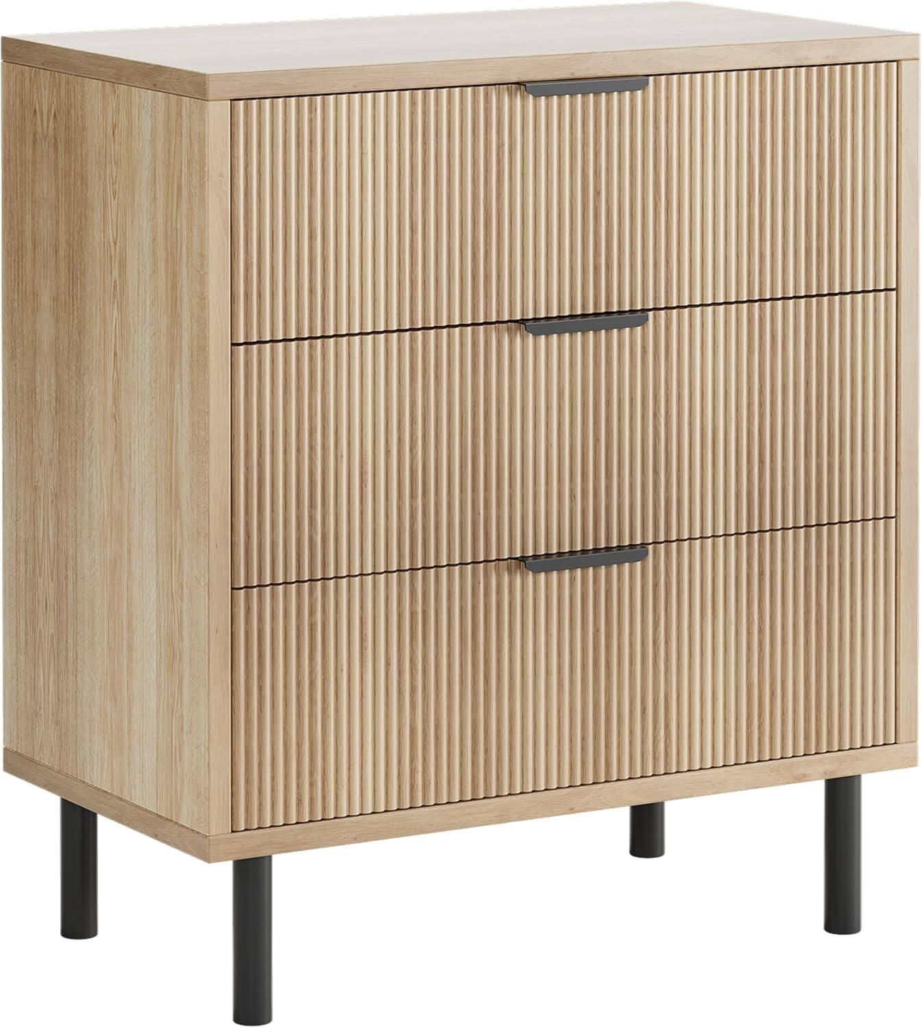 GARVEE - 5 Drawer Dresser Wood Chest Storage with Wide Drawers, Closet Dresser Organizer with Anti-Tipping Device and Metal Legs - Natural Oak
