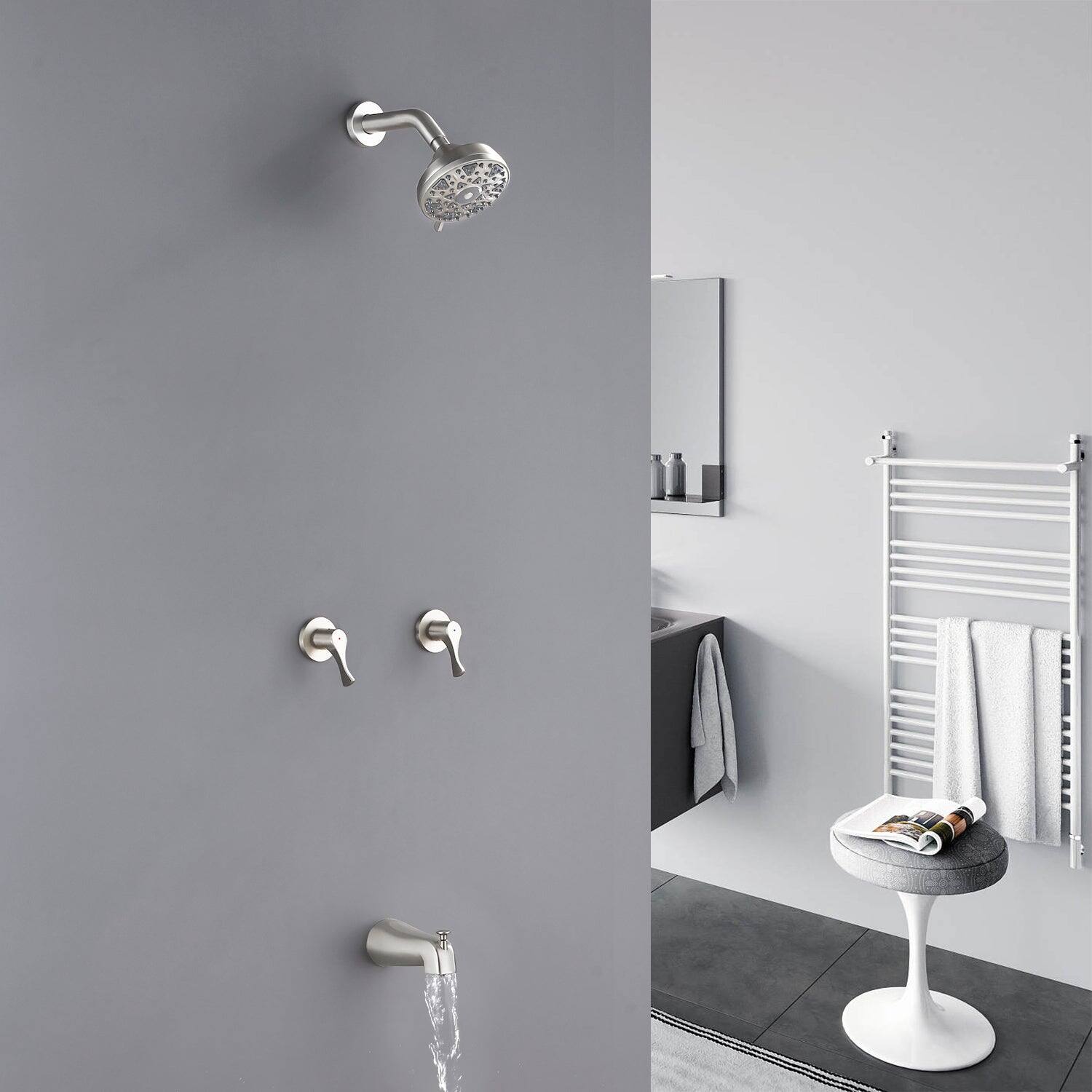 Alt View 4. Boyel Living - Brushed Nickel Shower Set with 6 Function ABS Shower Head Dual Handle Control and High Flow Tub Spout - Brushed Nickel.
