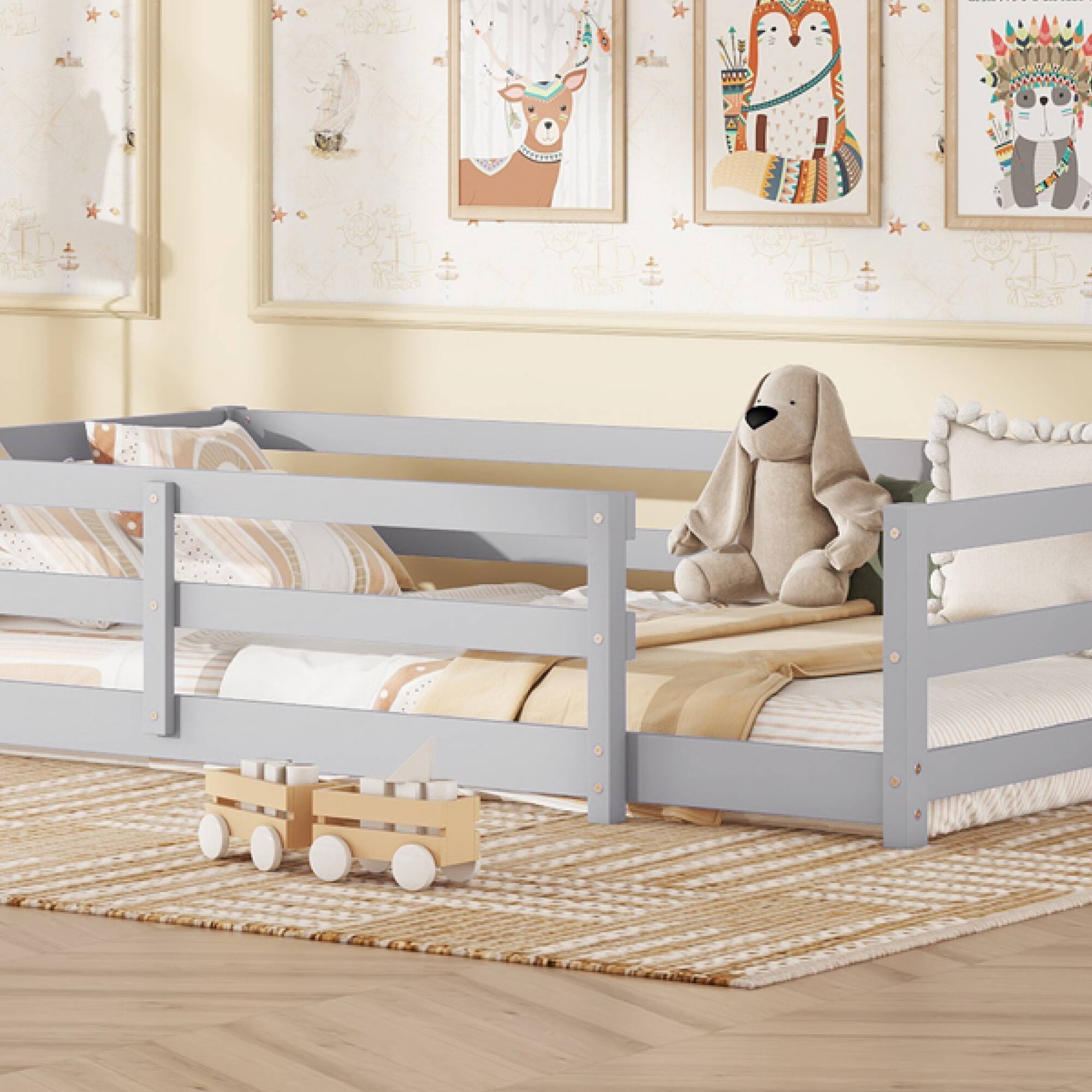 Alt View 2. GOODSILO - Twin Size Floor Bed for Kids with Safety Fence, Sturdy Wooden Montessori Style Bed Frame for Boys and Girls - Grey.