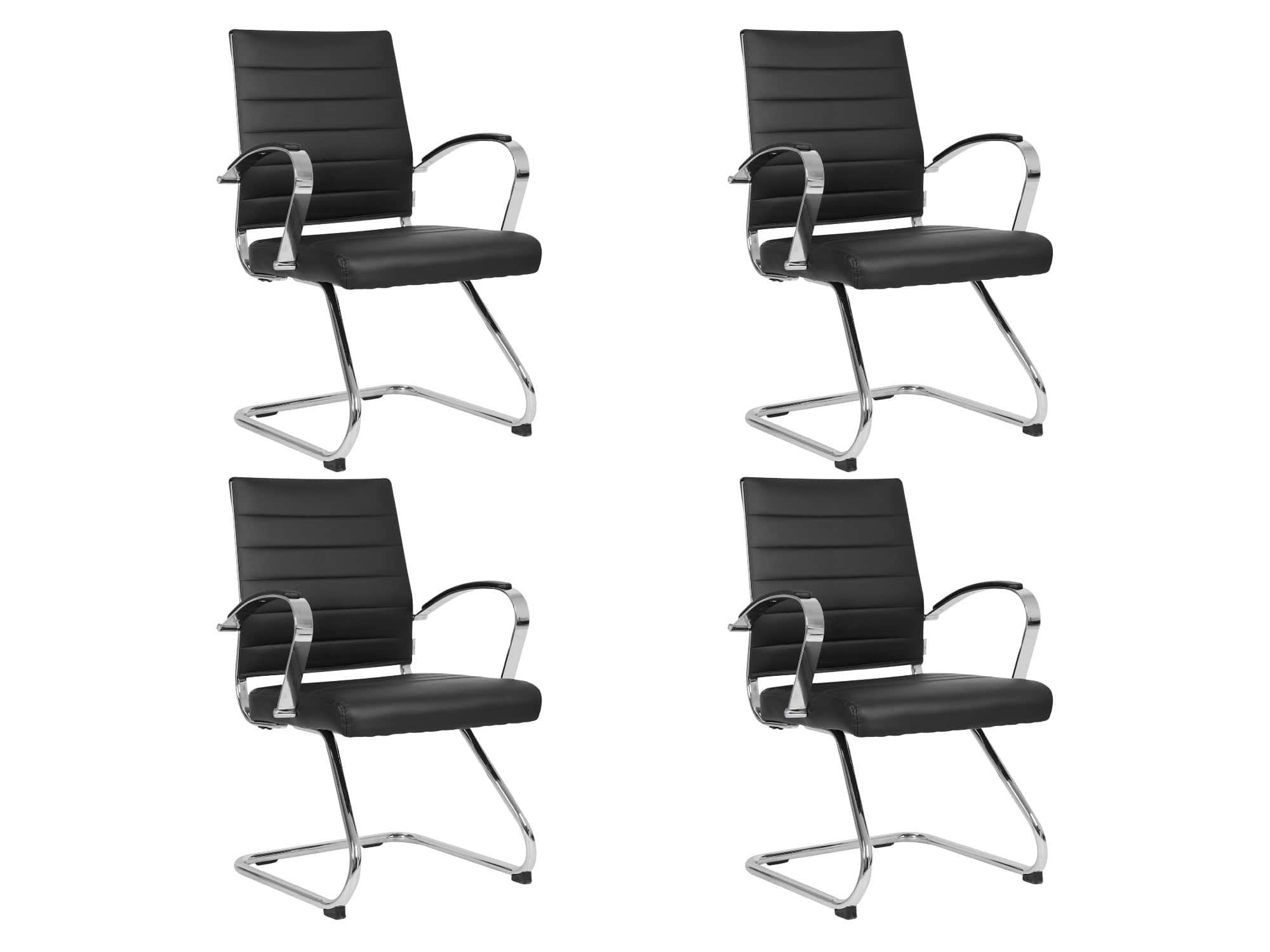 Front. LeisureMod - Set of 4 Benmar Modern Leather Upholstered Office Desk Chair with Padded Armrests and Chrome Frame for Home or Office - Black.
