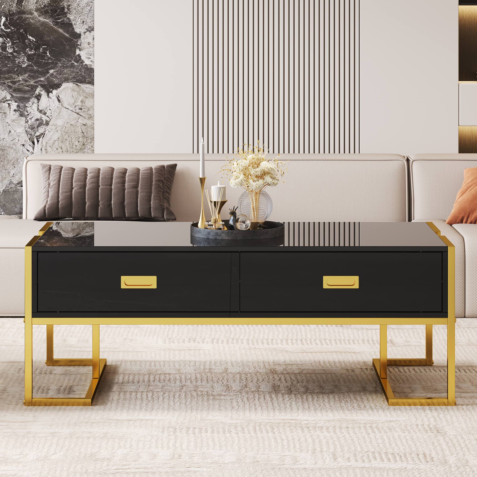 Angle. GOODSILO - Modern Rectangular Coffee Table with Drawers and Metallic Base - Black+Gold.
