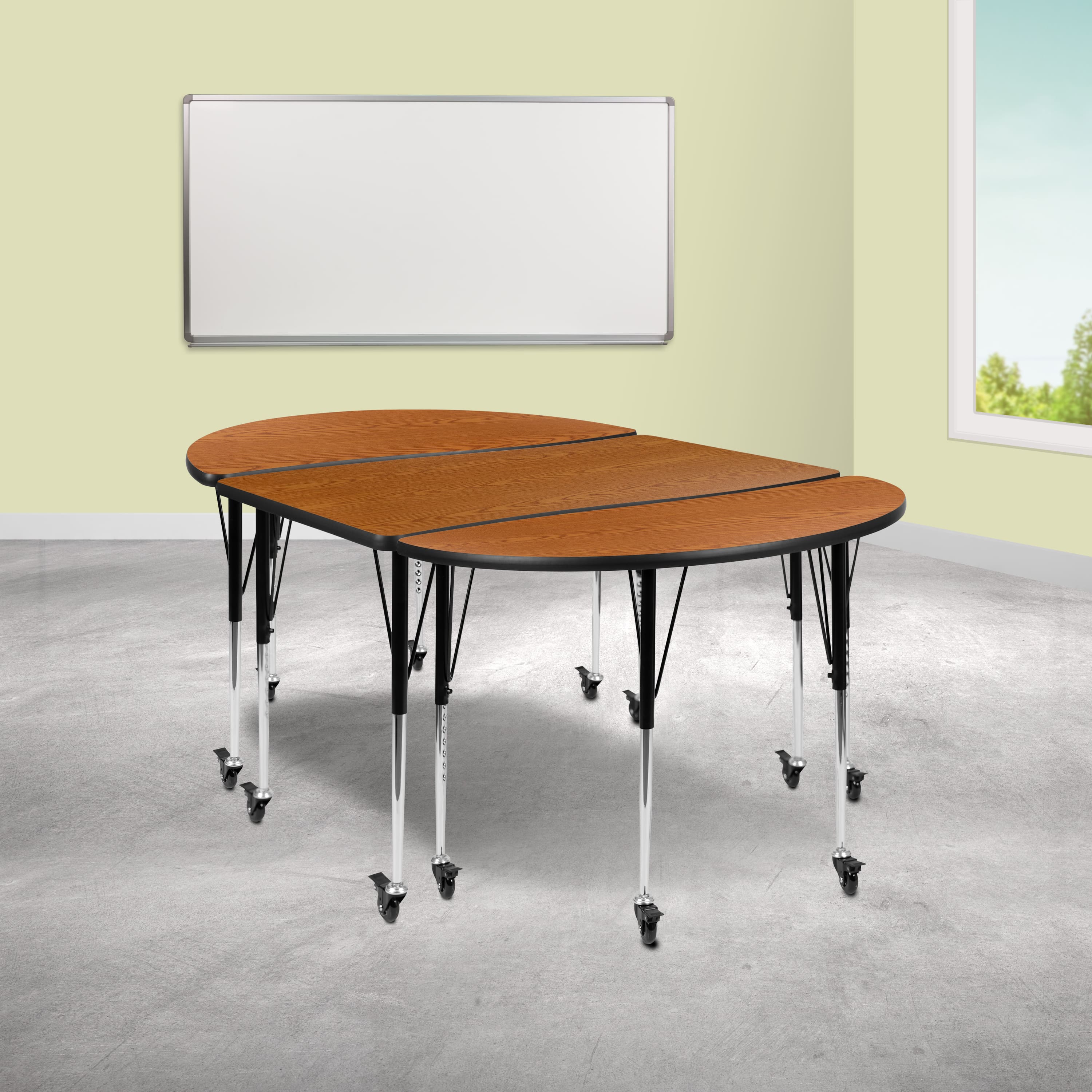 Emma + Oliver - 3 Mobile Piece 76" Oval Wave Collaborative Grey Adjustable Activity Table Set - Oak
