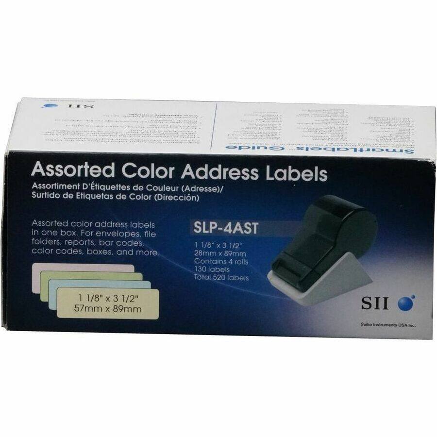 1IN Guide SmartLabels Assorted Color Address Labels Assortiment D'tiquettes de Couleur (Adresse)/ Surtido de Etiquetas de Color (Direccin) Assorted color address labels in one box. For envelopes, file folders, reports, bar codes, color codes, boxes, and more. SLP-4AST 1 1/8" x 3 1/2" 28mm x 89mm Contains 4 rolls 130 labels Total 520 labels 1 1/8" x 3 1/2" 57mm X 89mm SII Selko Instruments USA inc.