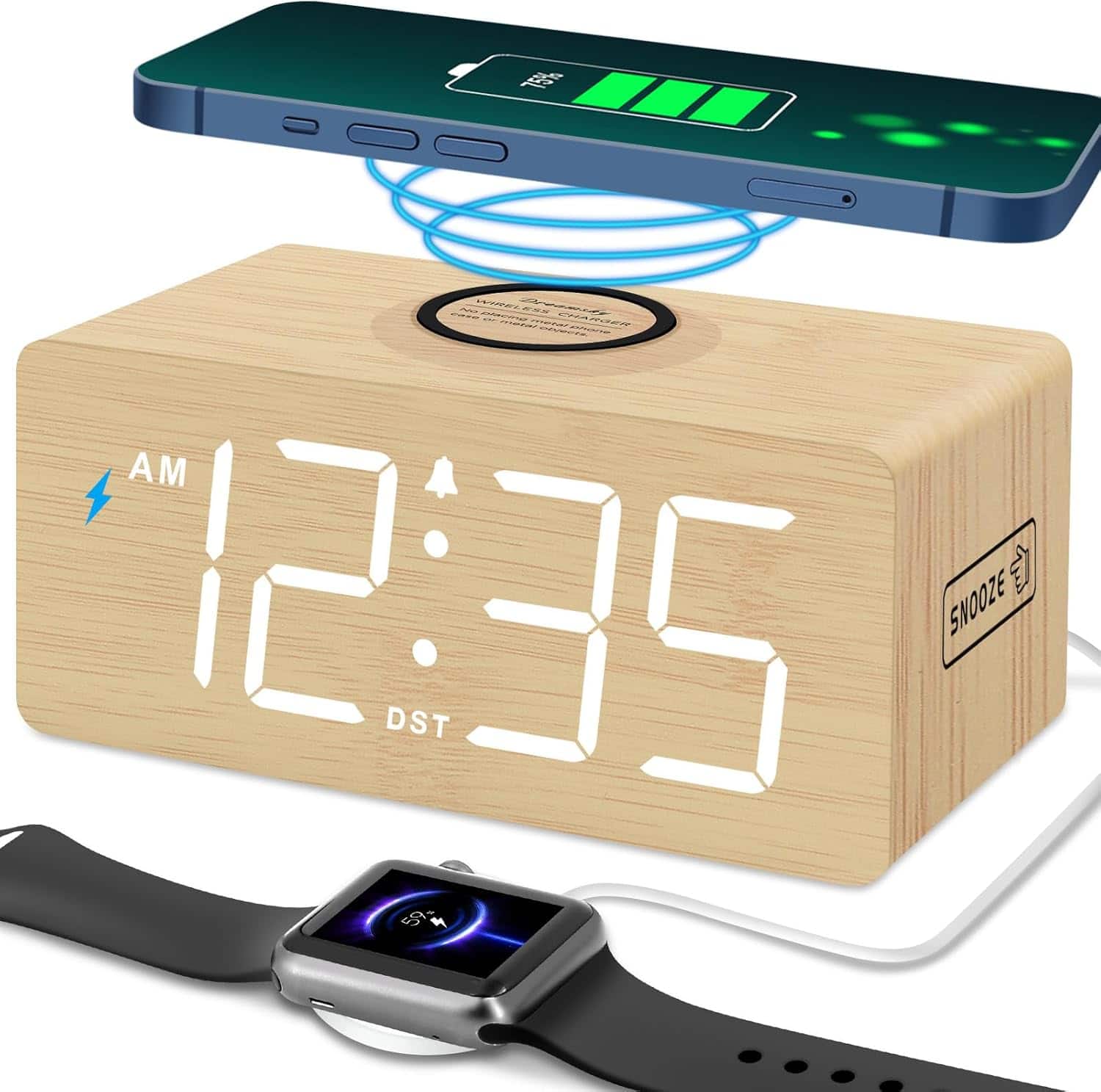 Stamp n Camp - DreamSky Wooden Digital Alarm Clock with Wireless Charging for Bedroom, Bedside Nightstand Charger Station, USB Port - Bamboo