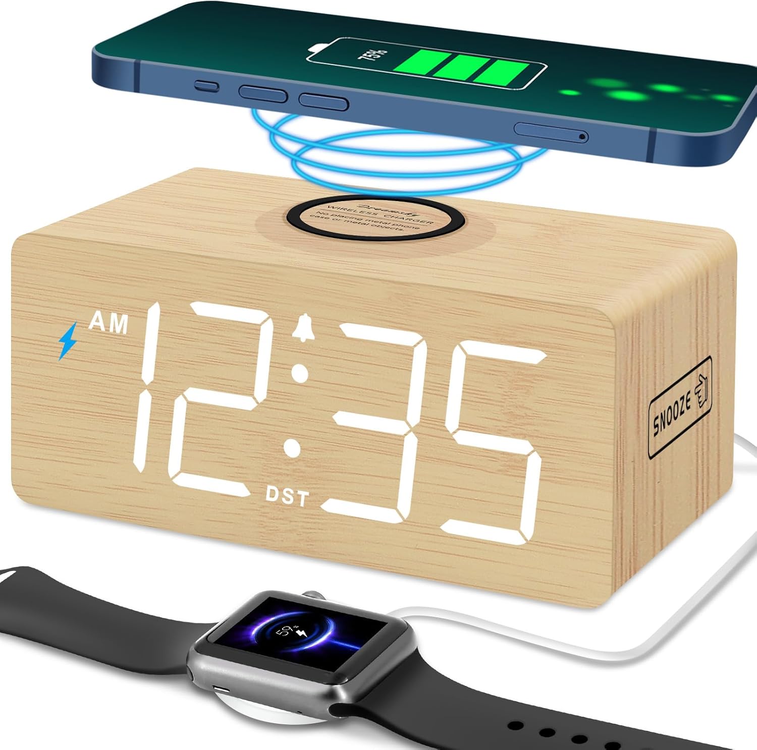 Stamp n Camp - DreamSky Wooden Digital Alarm Clock with Wireless Charging for Bedroom, Bedside Nightstand Charger Station, USB Port - Bamboo