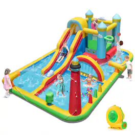 Costway - Inflatable Water Park with Ocean Balls Climbing Wall Ball Pit Toss Ring Toss Game - Multicolour
