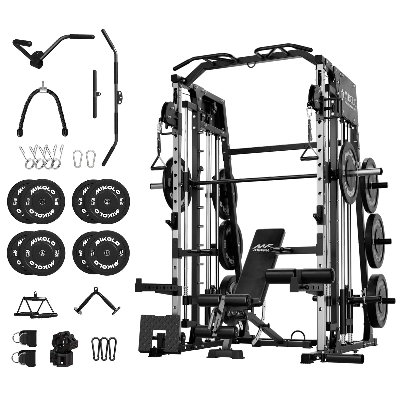 Mikolo - Smith Machine with Aluminum Pulley, 2200 lbs Power Rack Cage with Cable Crossover, Total Body Strength Training Cage - Black