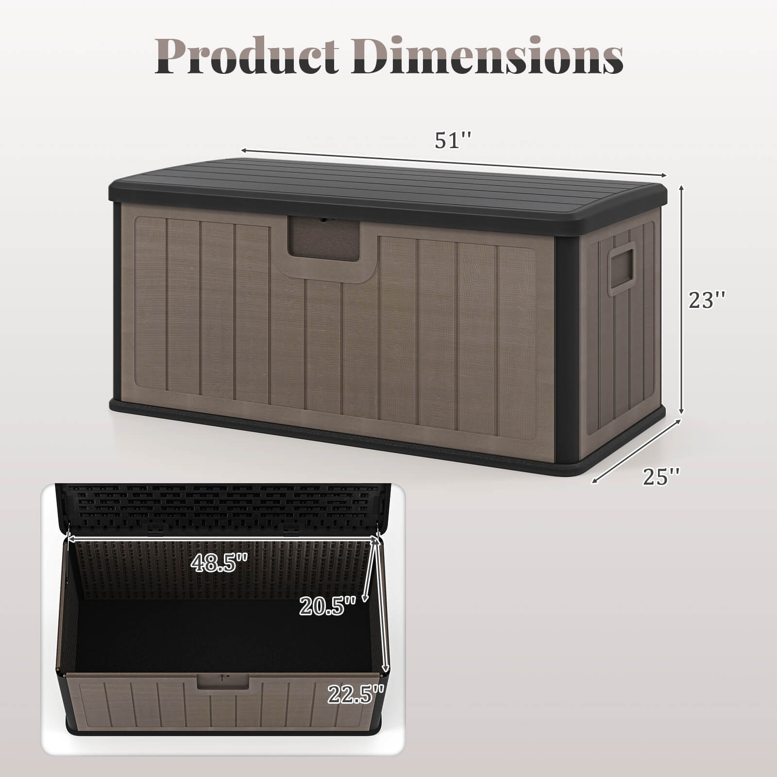 Product Dimensions

51" (Width)  
23" (Height)  
25" (Depth)  

48.5" (Internal Width)  
20.5" (Internal Depth)  
22.5" (Internal Height)