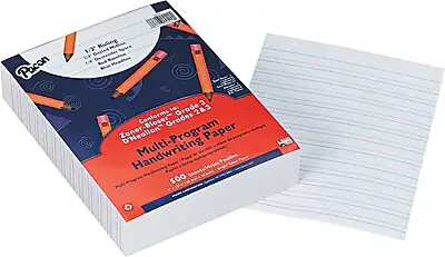 Pacon
1/2" Ruling
1/4" Double-Margin
1/4" Red Border
Multi-Program Handwriting Paper
Conforms to Zaner-Bloser Grades 2 & 3
Conforms to D'Nealian Grades 2 & 3
500 Sheets
Zaner-Bloser Program
D'Nealian Program