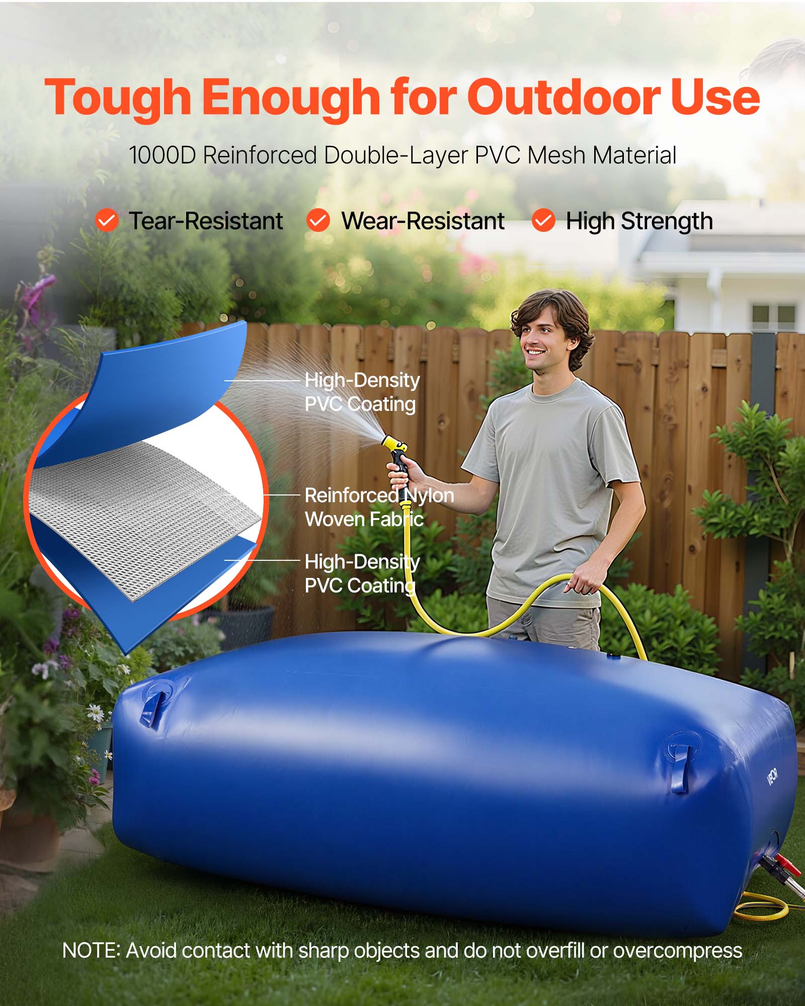 Tough Enough for Outdoor Use

1000D Reinforced Double-Layer PVC Mesh Material

- Tear-Resistant
- Wear-Resistant
- High Strength

High-Density PVC Coating
Reinforced Nylon Woven Fabric
High-Density PVC Coating

NOTE: Avoid contact with sharp objects and do not overfill or overcompress