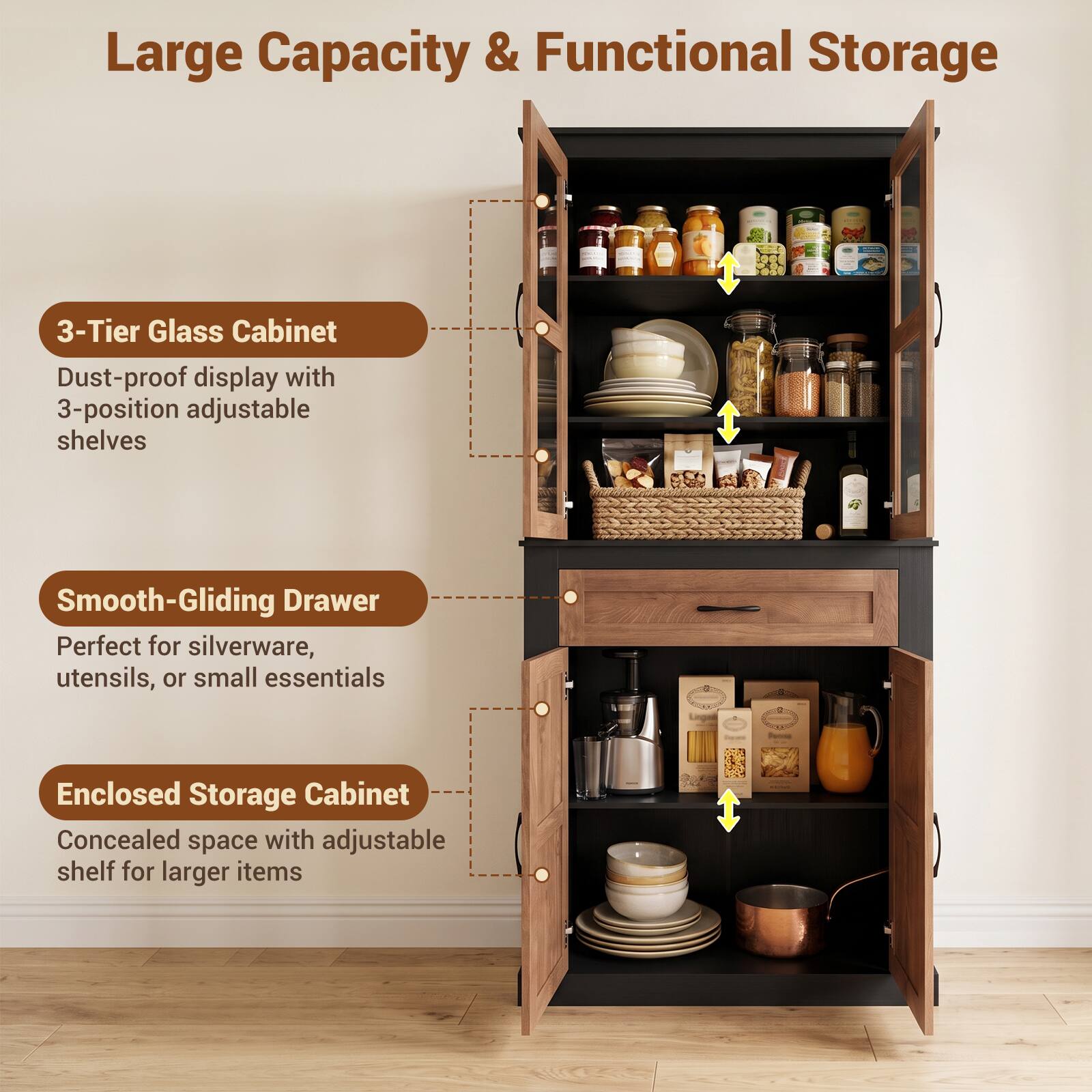 Large Capacity & Functional Storage

3-Tier Glass Cabinet
Dust-proof display with 3-position adjustable shelves

Smooth-Gliding Drawer
Perfect for silverware, utensils, or small essentials

Enclosed Storage Cabinet
Concealed space with adjustable shelf for larger items