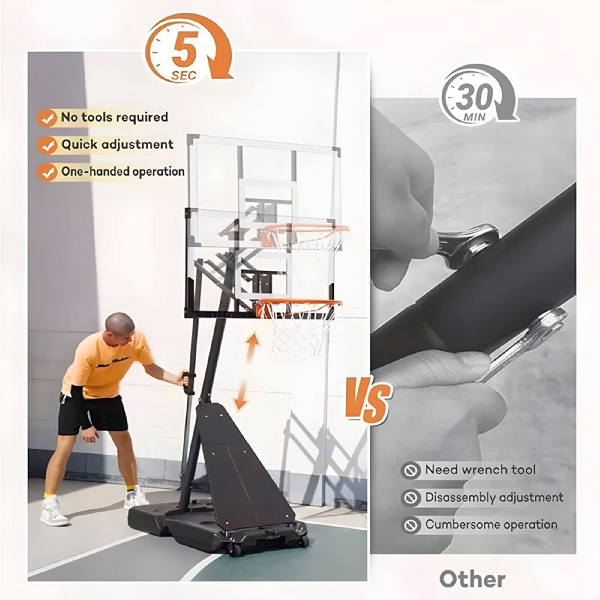 5 SEC  
No tools required  
Quick adjustment  
One-handed operation  

VS  

30 MIN  
Need wrench tool  
Disassembly adjustment  
Cumbersome operation  

Other