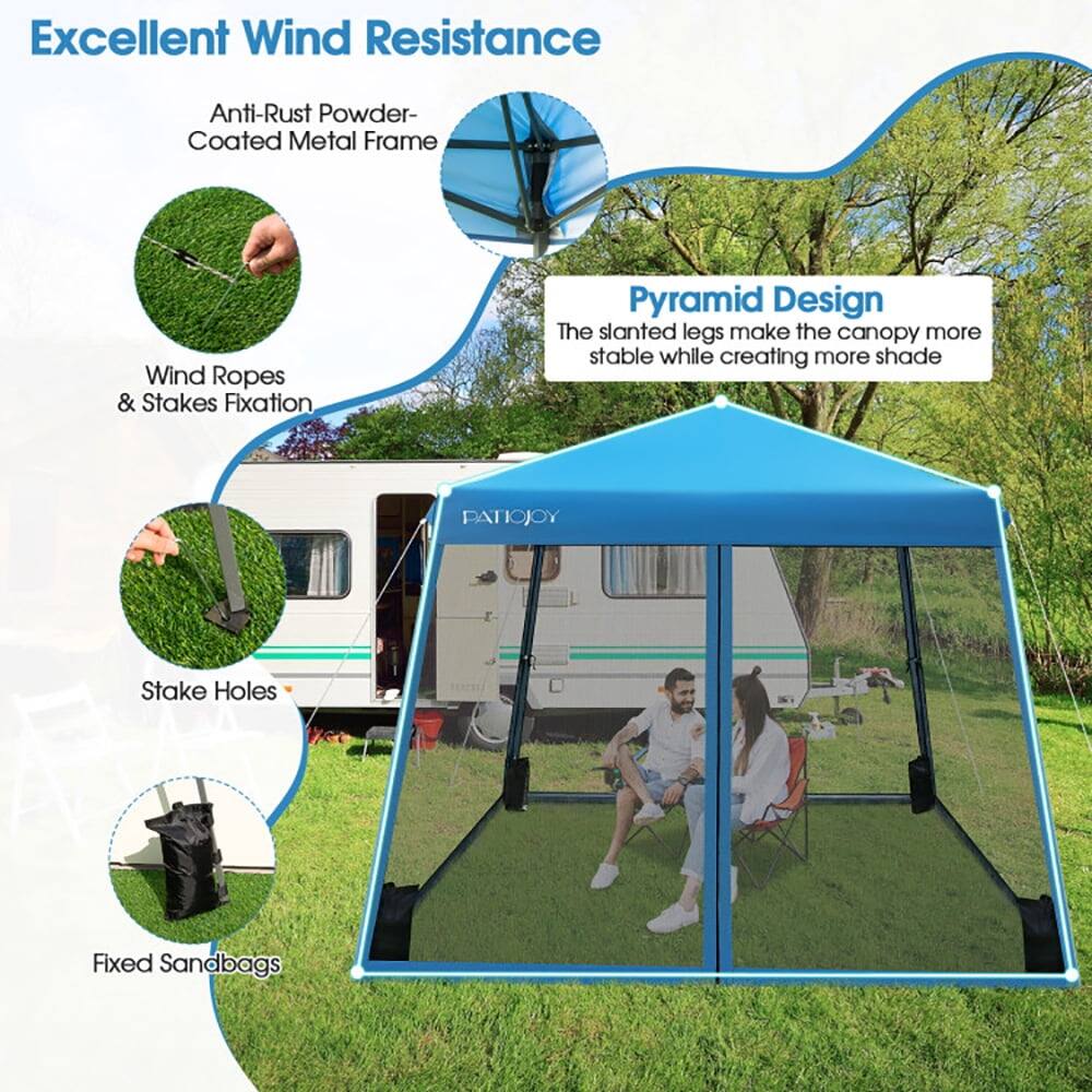 Excellent Wind Resistance

- Anti-Rust Powder-Coated Metal Frame
- Wind Ropes & Stakes Fixation
- Stake Holes
- Fixed Sandbags

Pyramid Design

The slanted legs make the canopy more stable while creating more shade