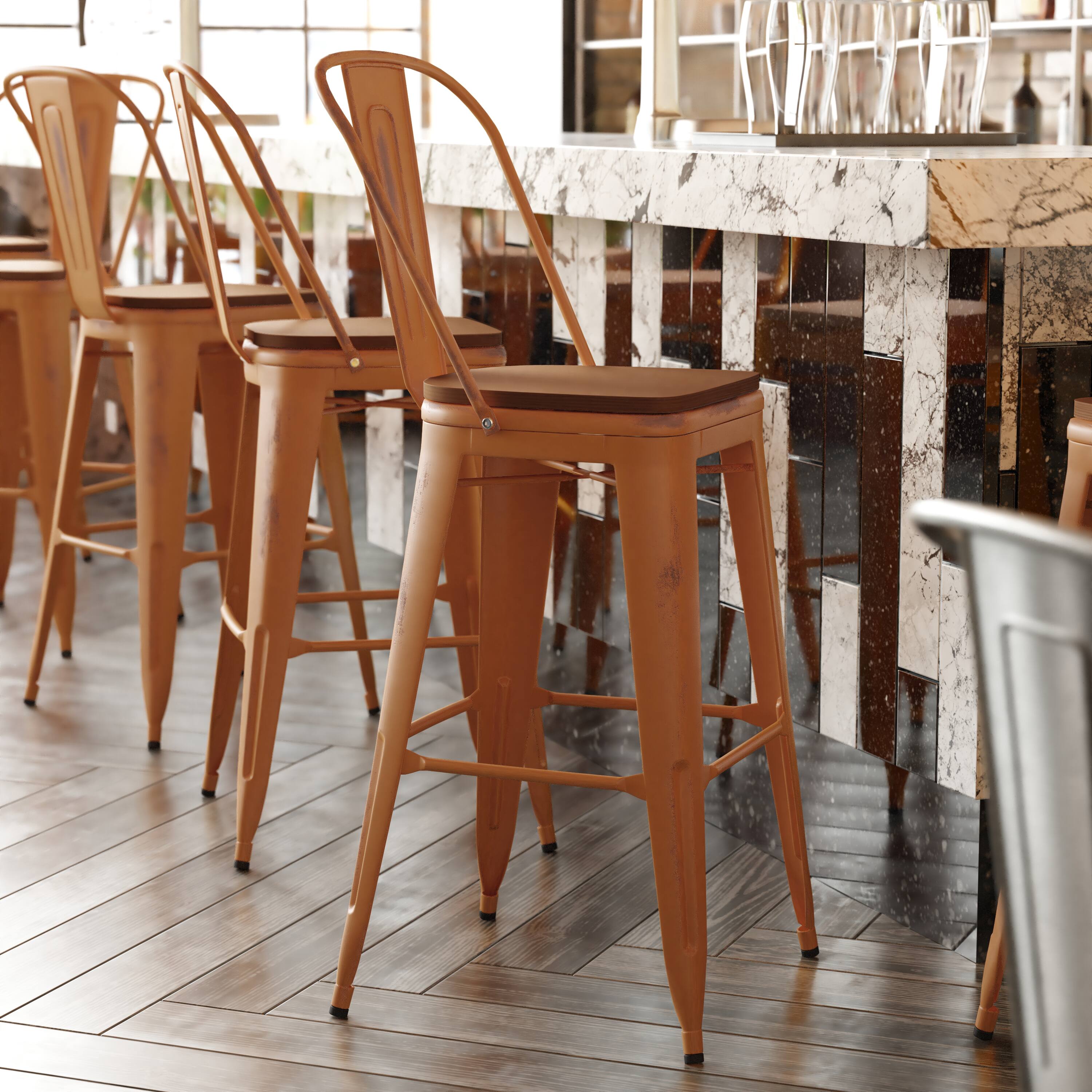 Alt View 1. Emma + Oliver - Nova Distressed Metal Stools with Backs and Polystyrene Seats for Indoor/Outdoor Use - Teak Seat/Orange Frame.