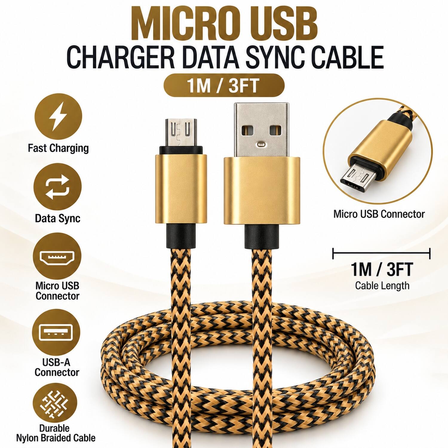 MICRO USB CHARGER DATA SYNC CABLE 1M/3FT

- Fast Charging
- Data Sync
- Micro USB Connector
- Micro USB Connector
- 1M/3FT Cable Length
- USB-A Connector
- Durable Nylon Braided Cable