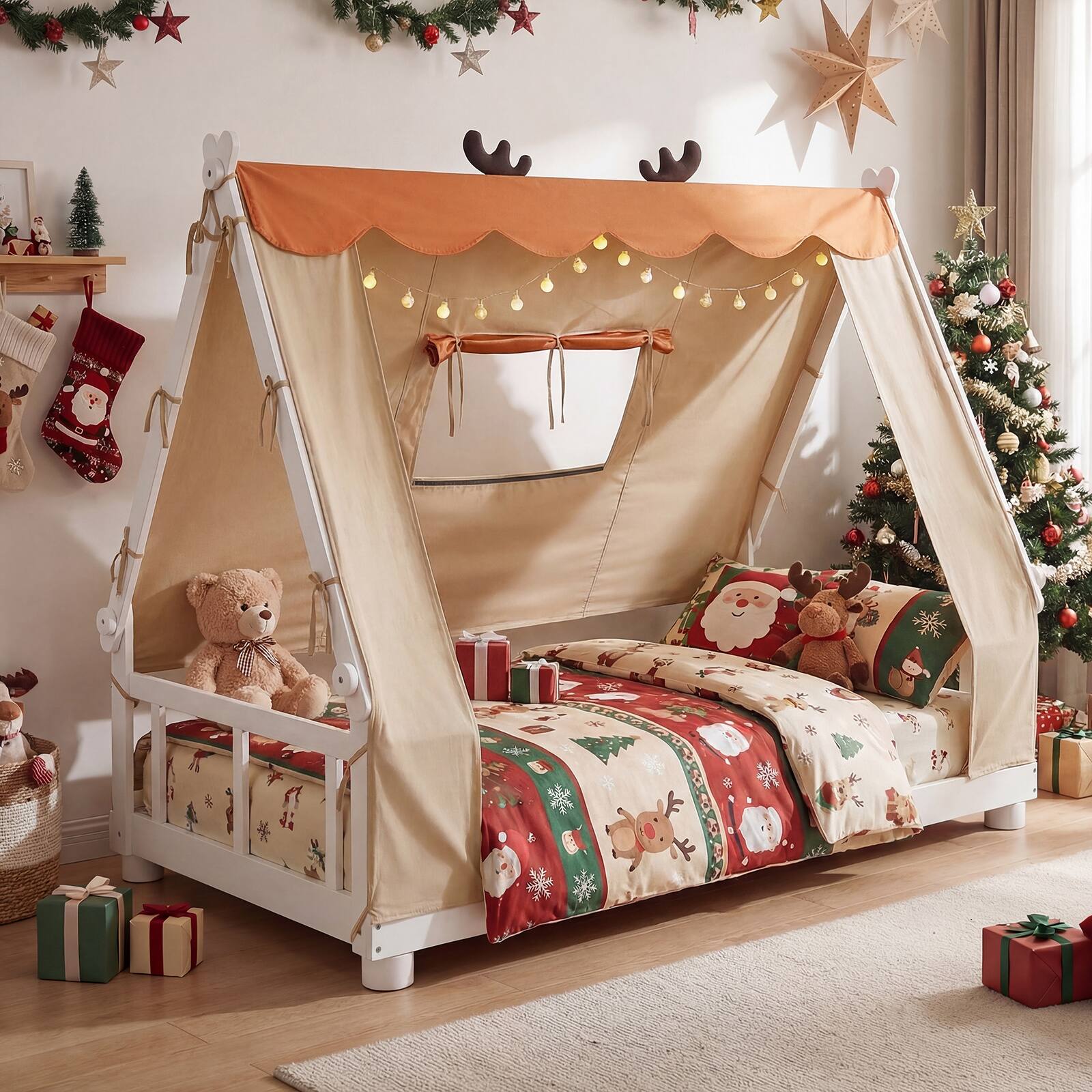 Alt View 4. Gymax - Gymax Twin Size House Floor Bed w/ TentWood Bed Frame w/ Roof Window & Fence Rails White & Orange - White.