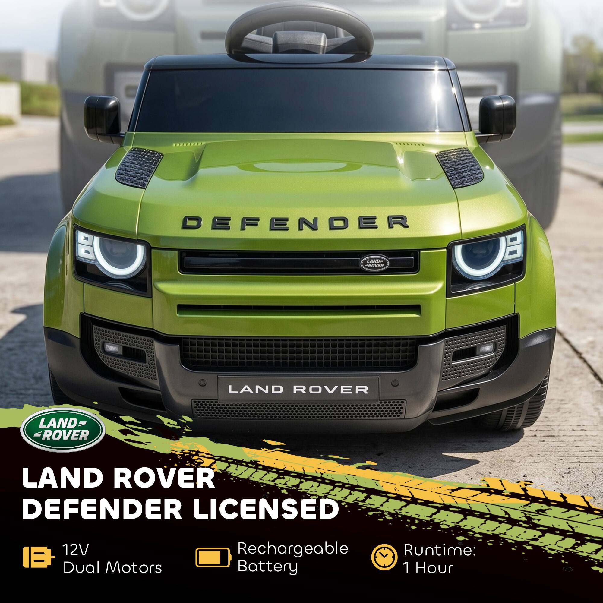 LAND ROVER DEFENDER LICENSED  
12V Dual Motors  
Rechargeable Battery  
Runtime: 1 Hour