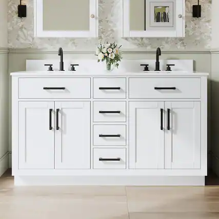 Front. WELLFOR - 60 in Solid Wood Bathroom Vanity with Double Sink,4 Doors,6 Drawers& Cultured Marble Countertop,Matte Black Handle - White.