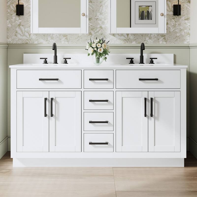 WELLFOR - 60 in Solid Wood Bathroom Vanity with Double Sink,4 Doors,6 Drawers& Cultured Marble Countertop,Matte Black Handle - White