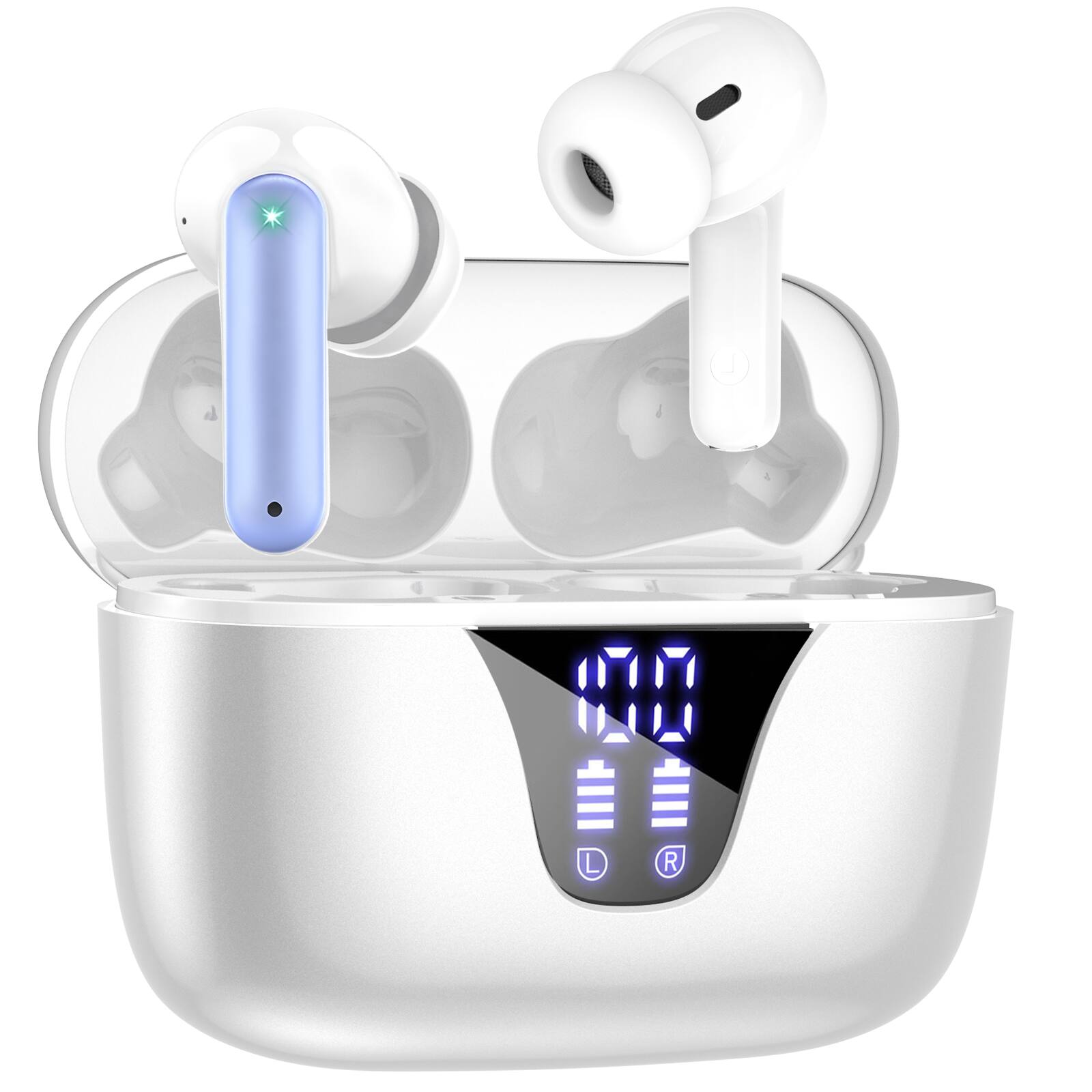 Front. Trigiz - Wireless Earbuds, Bluetooth Headphones, 65hrs Stereo Deep Bass with Power Display Charging Case, buit in Mic,IPX7 - White.