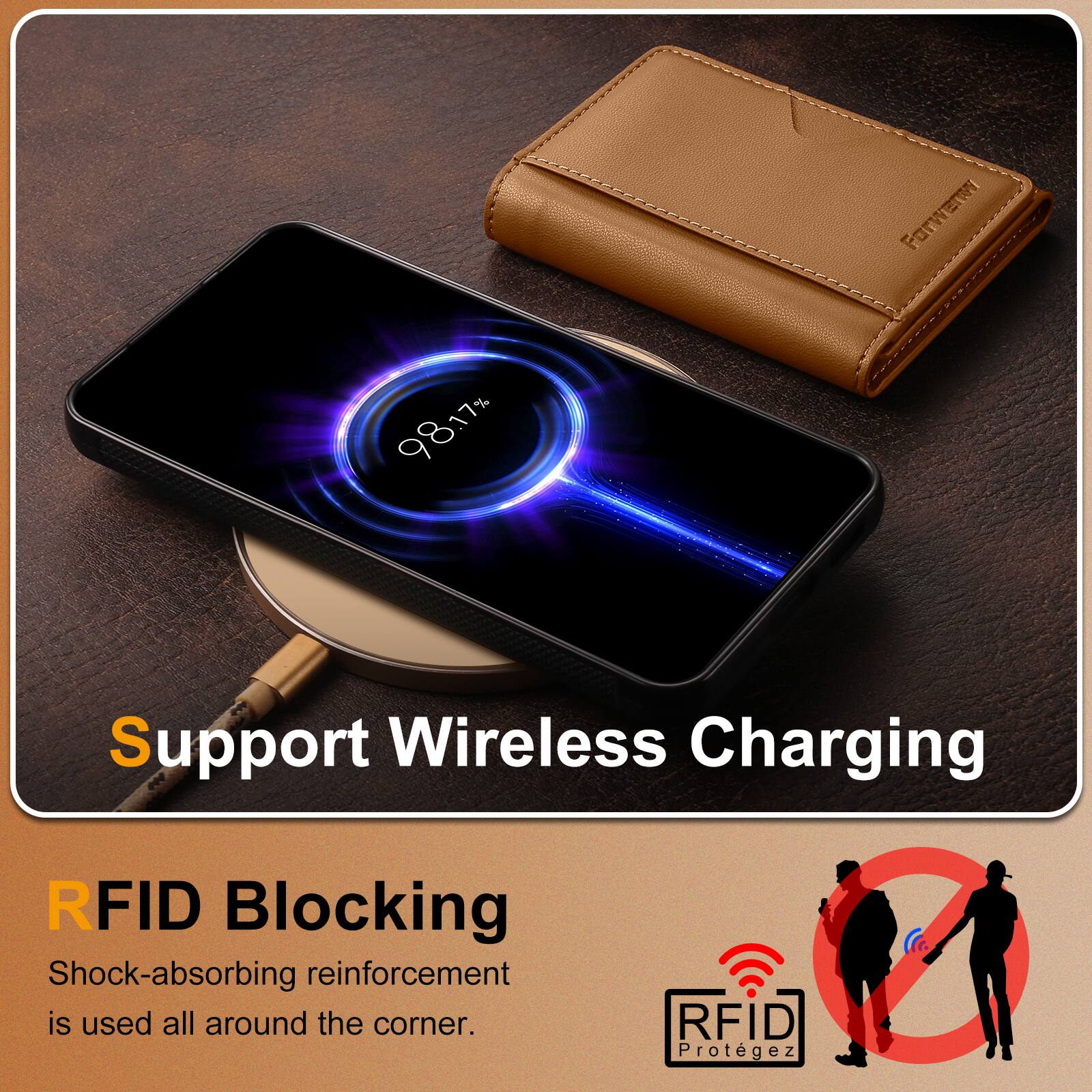 Farwen 9817% Support Wireless Charging  
RFID Blocking  
Shock-absorbing reinforcement is used all around the corner.  
RFID Protégez