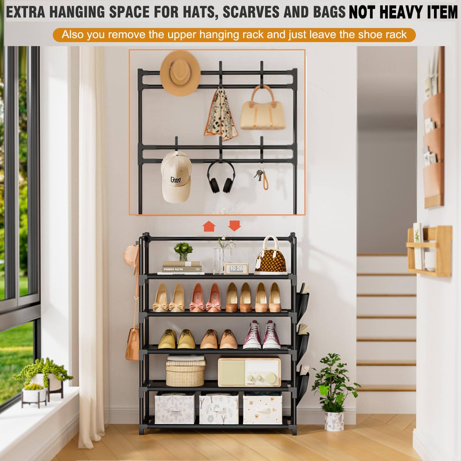 EXTRA HANGING SPACE FOR HATS, SCARVES AND BAGS NOT HEAVY ITEM

Also you remove the upper hanging rack and just leave the shoe rack