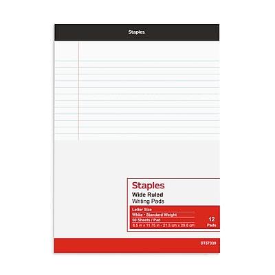 Staples Wide Ruled Writing Pads  
Letter Size  
Standard Weight  
50 Sheets per Pad  
12 Pads  
Dimensions: 8.5 in x 11 in (21.5 cm x 29.8 cm)  
ST5T339