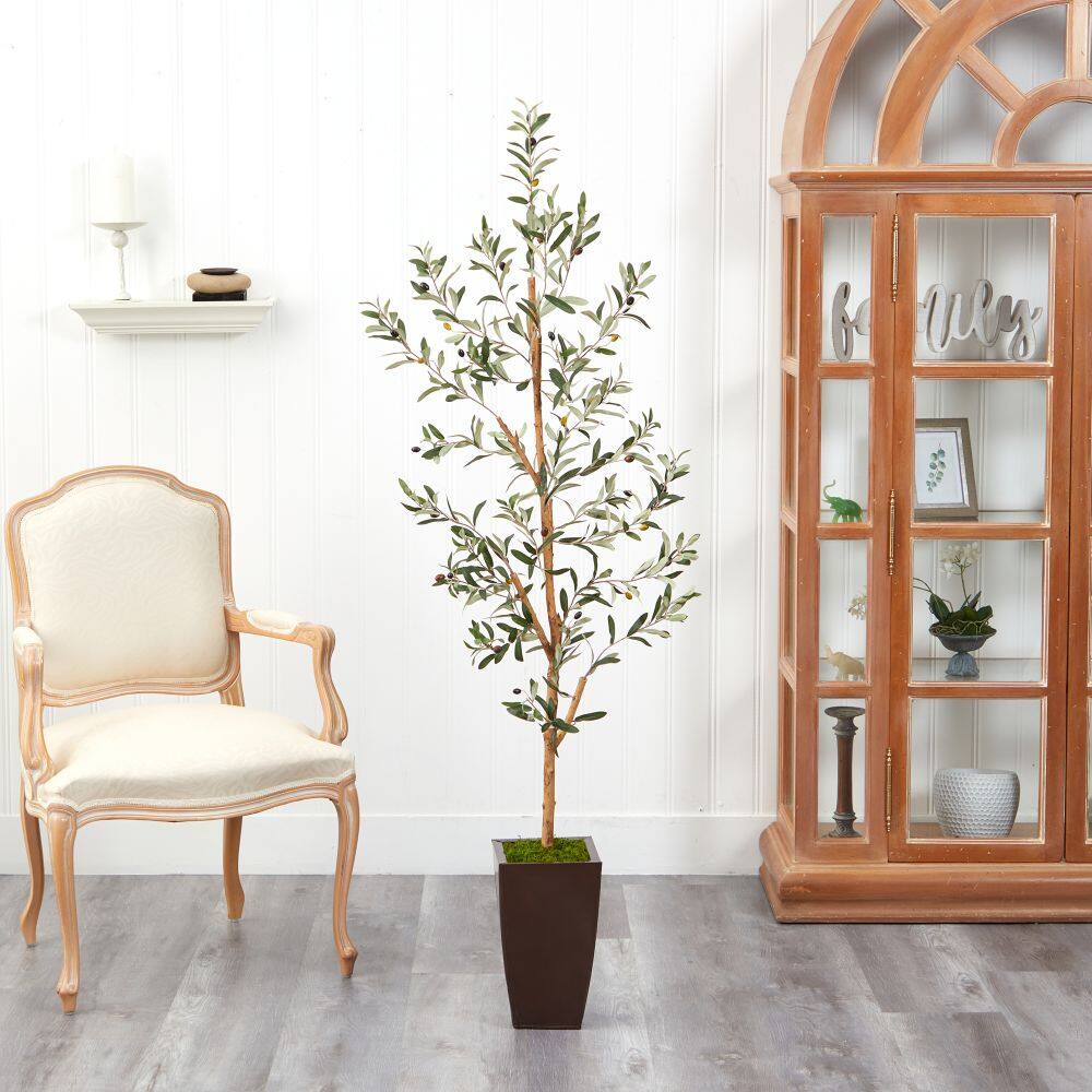Left. BreeBe - 5.5' Olive Artificial Tree in Bronze Metal Planter - Green.