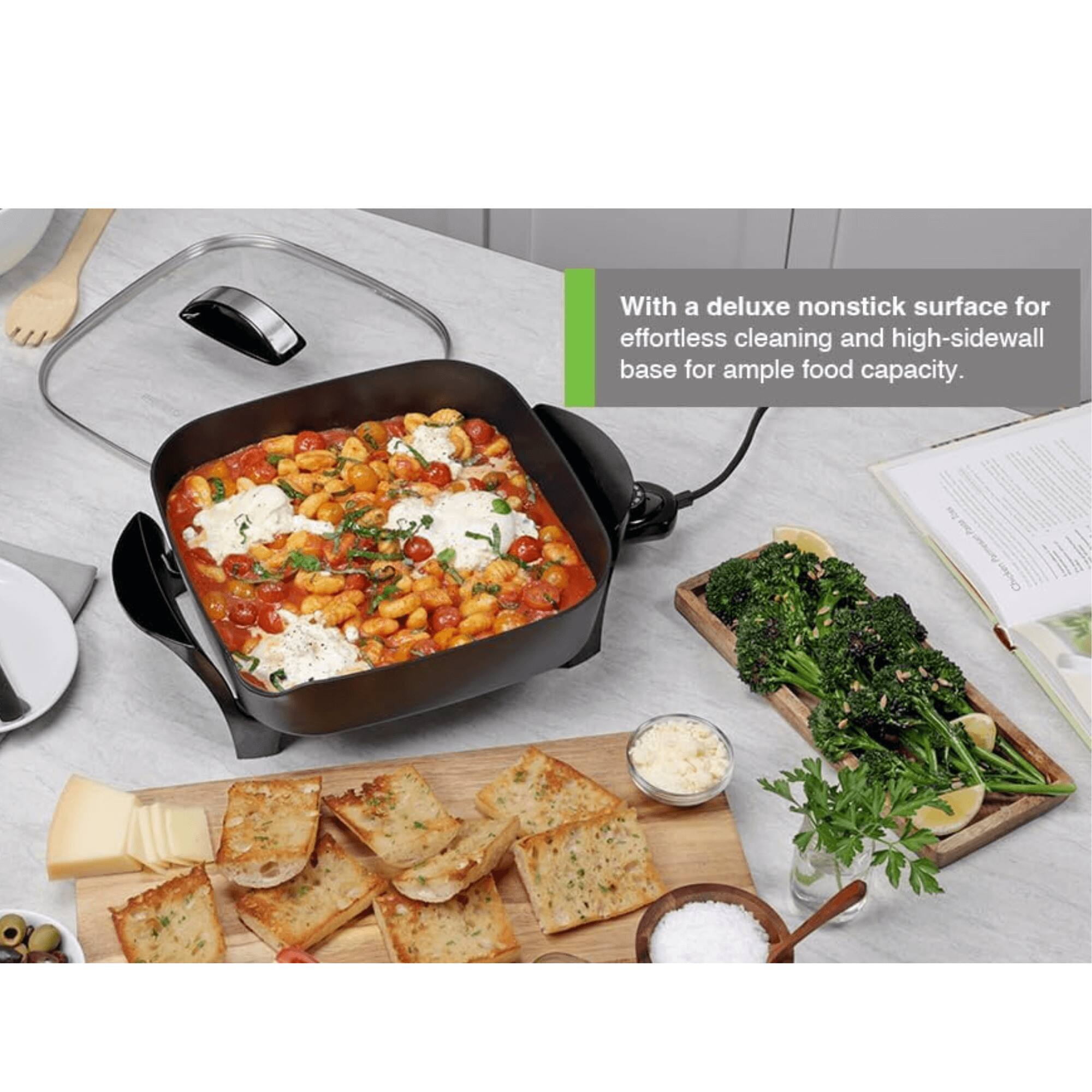 With a deluxe nonstick surface for effortless cleaning and high-sidewall base for ample food capacity.