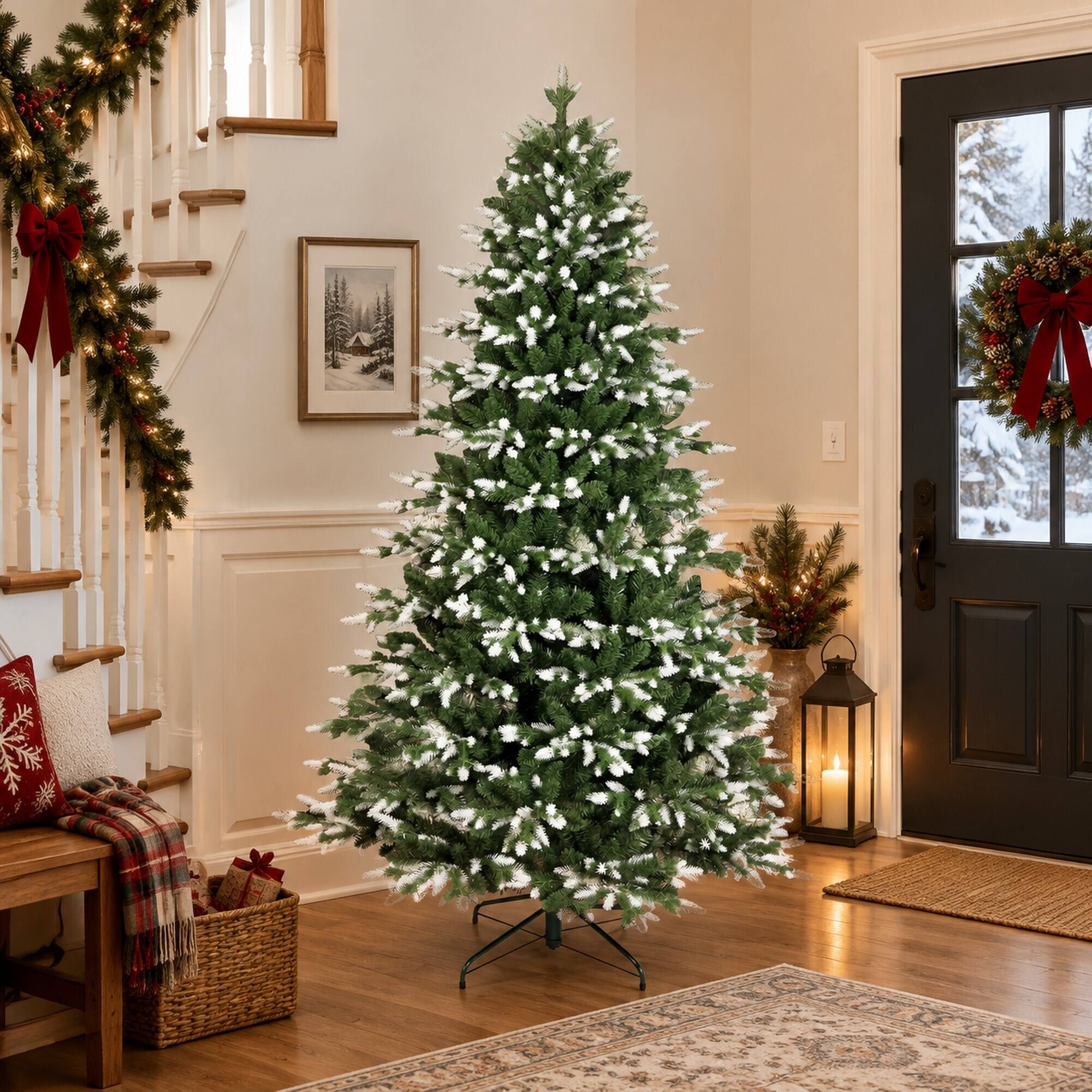 Alt View 1. RYHNUYNE - 6FT White-Tipped Artificial Christmas Tree With 1742 PE and PVC Tips and Hinged Branches, Metal Stand - Green.