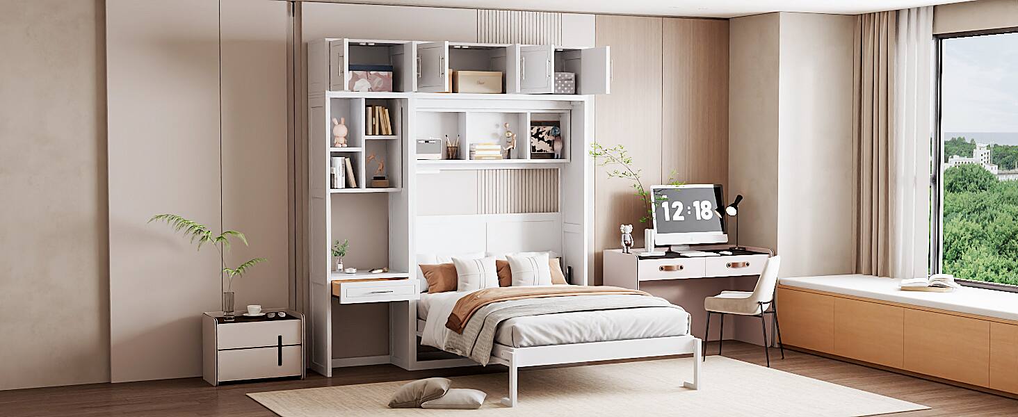 Alt View 2. Tiramisubest - Full Size White Wall Murphy Bed with Desk, Cabinet and Shelves, Space Saving, 87x81x95 inches, 330 lbs - White.