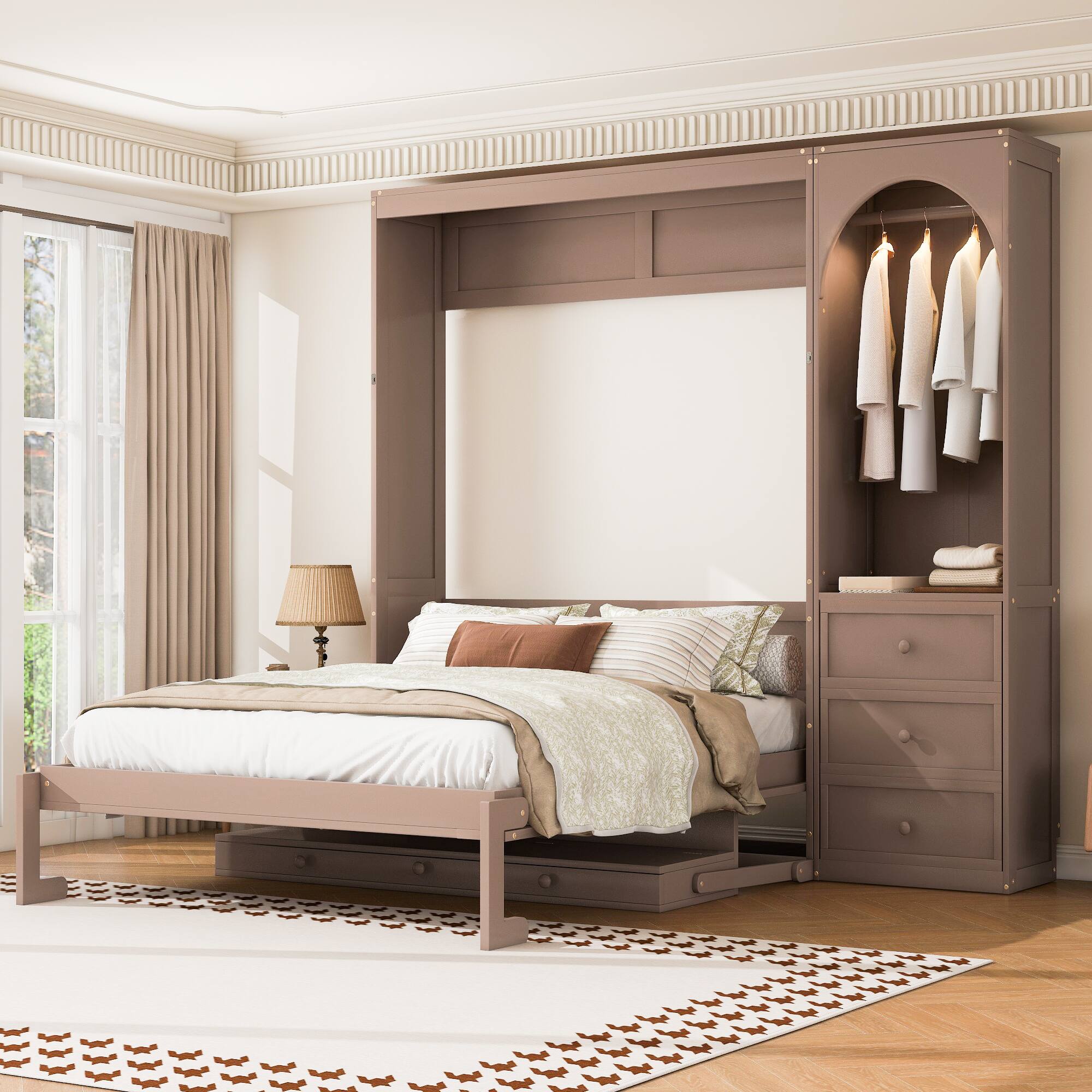 Front. Whisen - Queen Size Murphy Bed with Storage Shelf, LED Light, Closet Rod & 3 Drawers, Space-Saving Desk Unit - Brown.