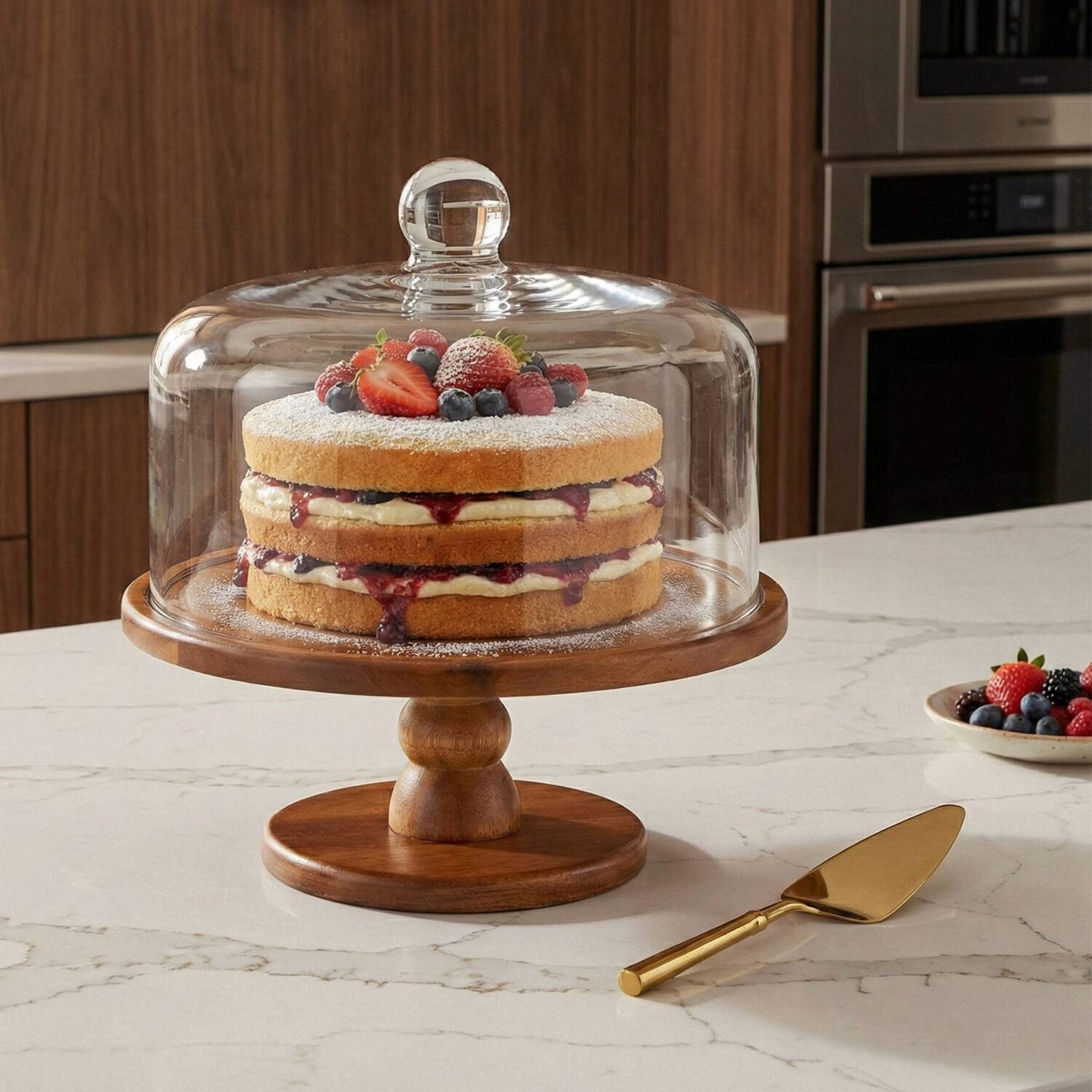 Angle. American Atelier - Madera Pedestal Cake Plate - Clear.